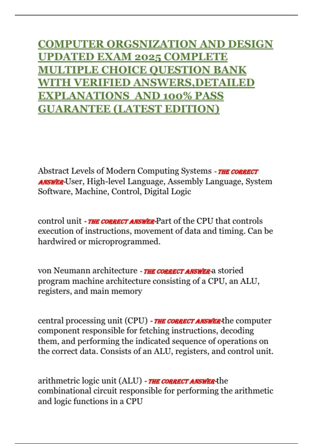 COMPUTER ORGSNIZATION AND DESIGN UPDATED EXAM 2025 COMPLETE MULTIPLE ...