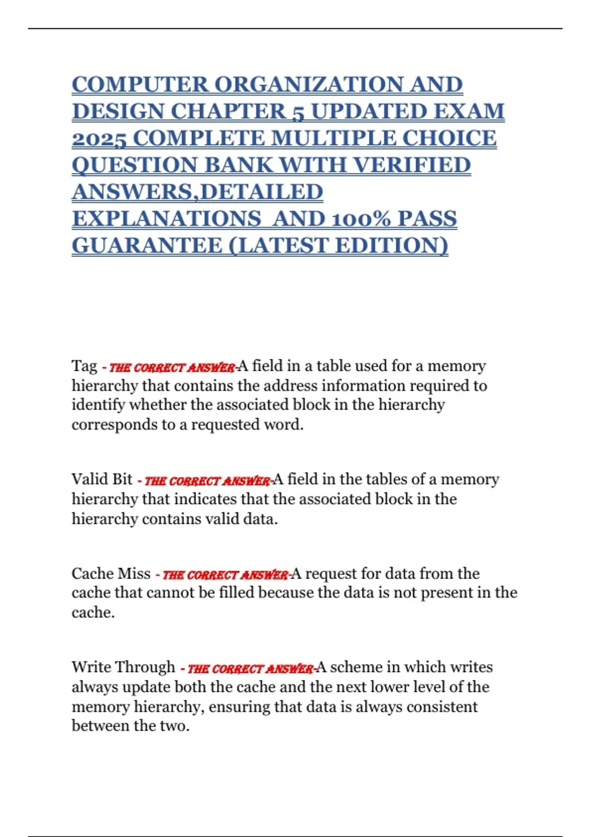 COMPUTER ORGANIZATION AND DESIGN CHAPTER 5 UPDATED EXAM 2025 COMPLETE ...