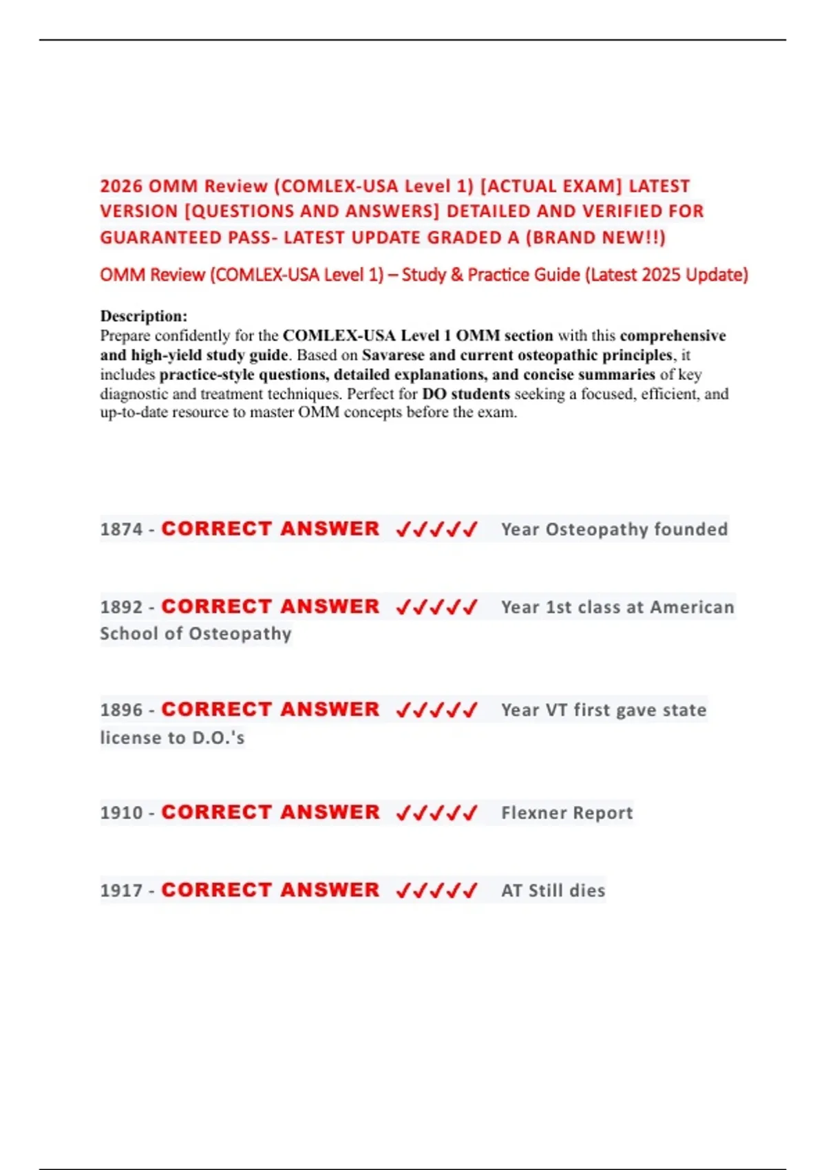 2026 OMM Review (COMLEX-USA Level 1) [ACTUAL EXAM] LATEST VERSION ...