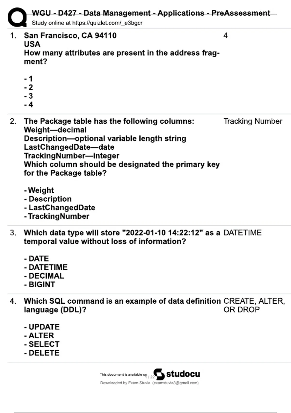 WGU D427 – Data Management Applications Pre-Assessment & Practice Test ...