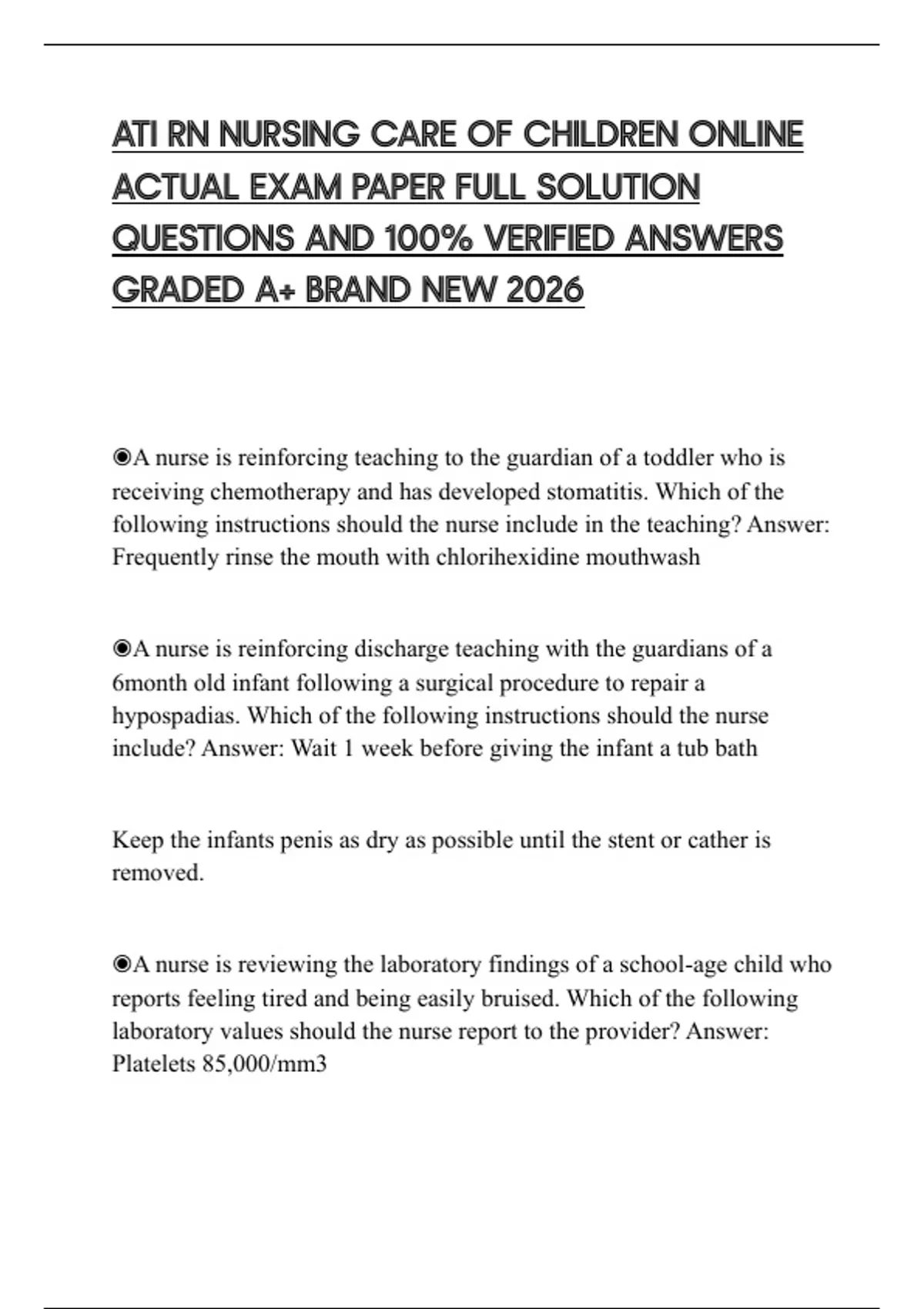 ATI RN NURSING CARE OF CHILDREN ONLINE ACTUAL EXAM PAPER FULL SOLUTION ...