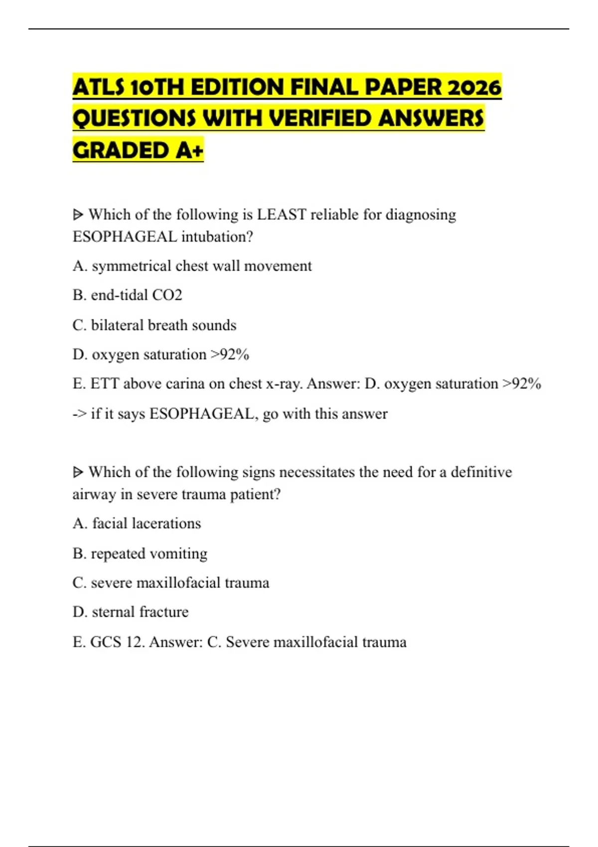 ATLS 10TH EDITION FINAL PAPER 2026 QUESTIONS WITH VERIFIED ANSWERS ...
