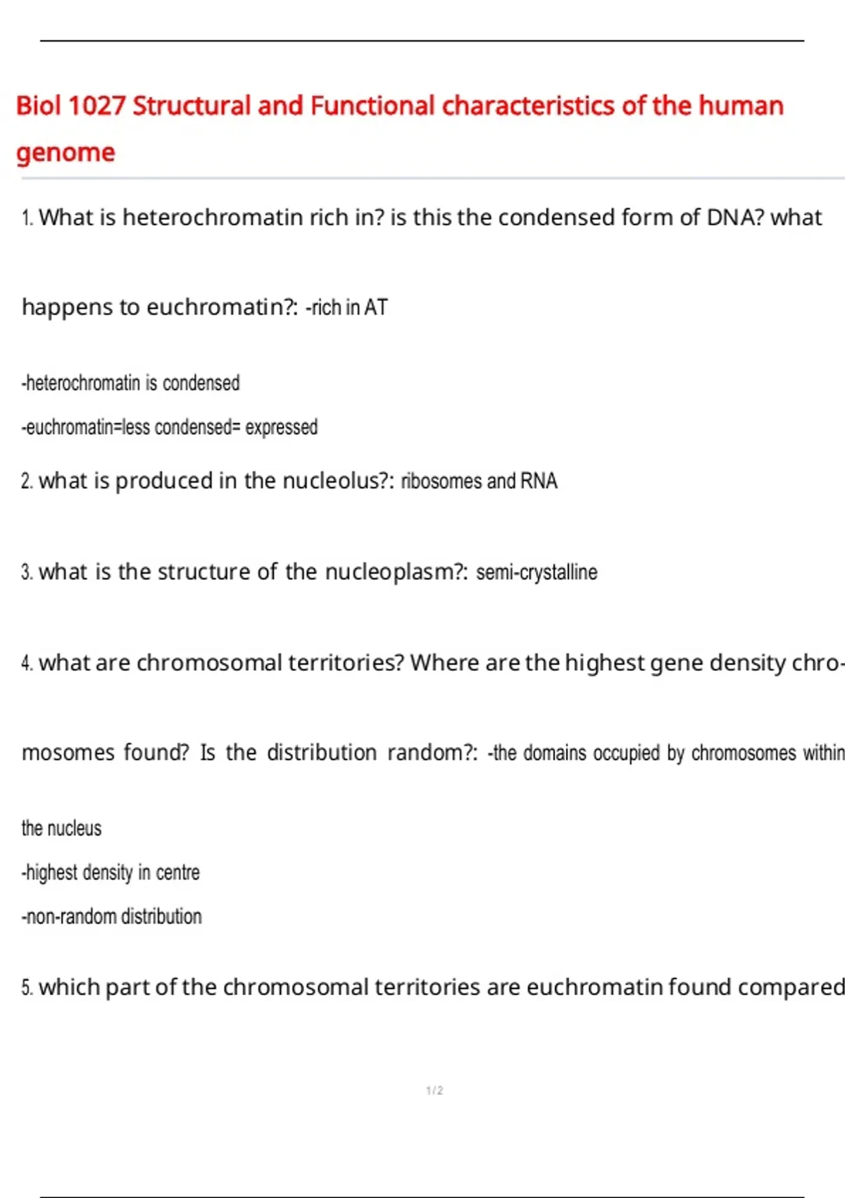 Biol 1027 Structural and Functional characteristics of the human genome ...