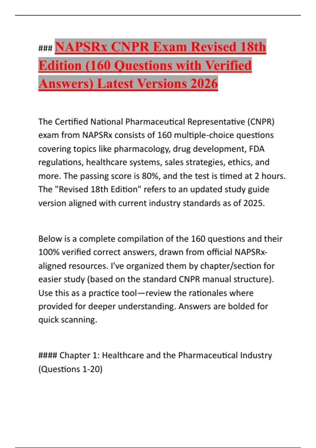 Napsrx NAPSRx CNPR Exam Revised 18th Edition (160 Questions with Verified ...
