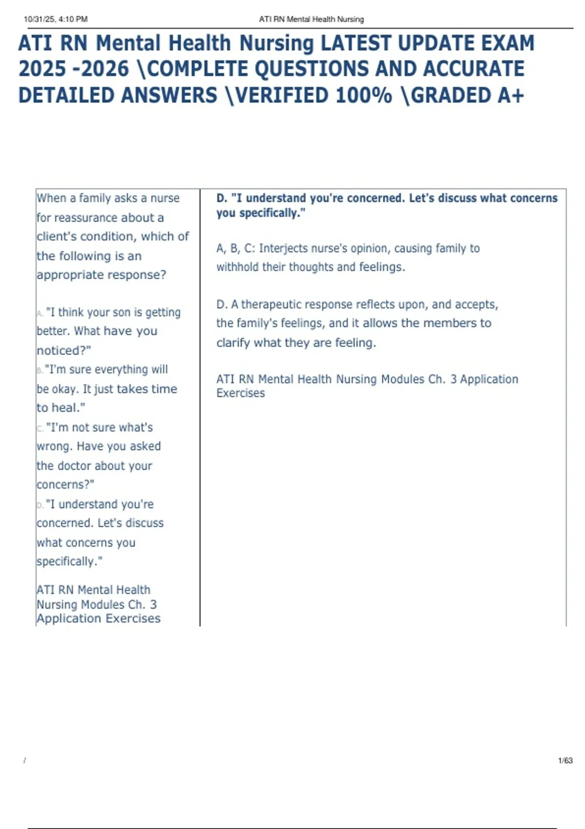 ATI RN Mental Health Nursing LATEST UPDATE EXAM COMPLETE QUESTIONS AND ...