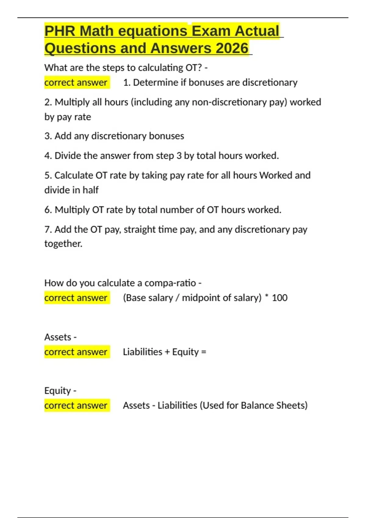 Phr Example Questions PHR Math equations Exam Actual Questions and Answers 2026.docx - PHR ...