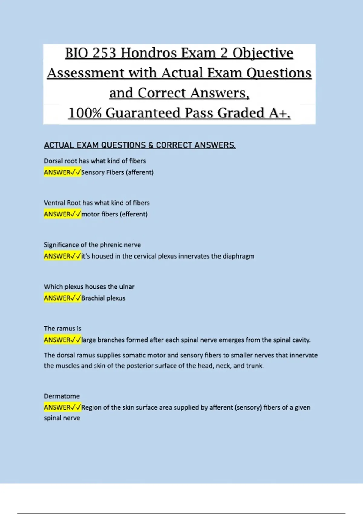 BIO 253 – Hondros College Exam 2 | Objective Assessment with Actual ...