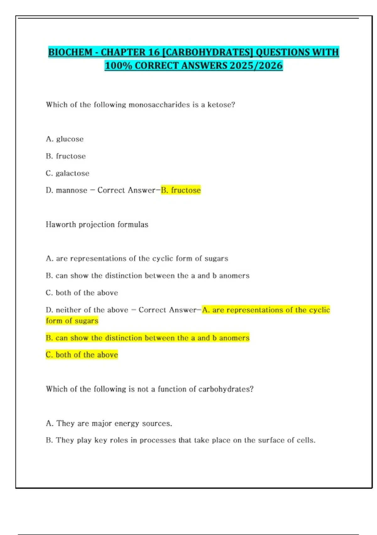 BIOCHEM - CHAPTER 16 [CARBOHYDRATES] QUESTIONS WITH 100% CORRECT ...