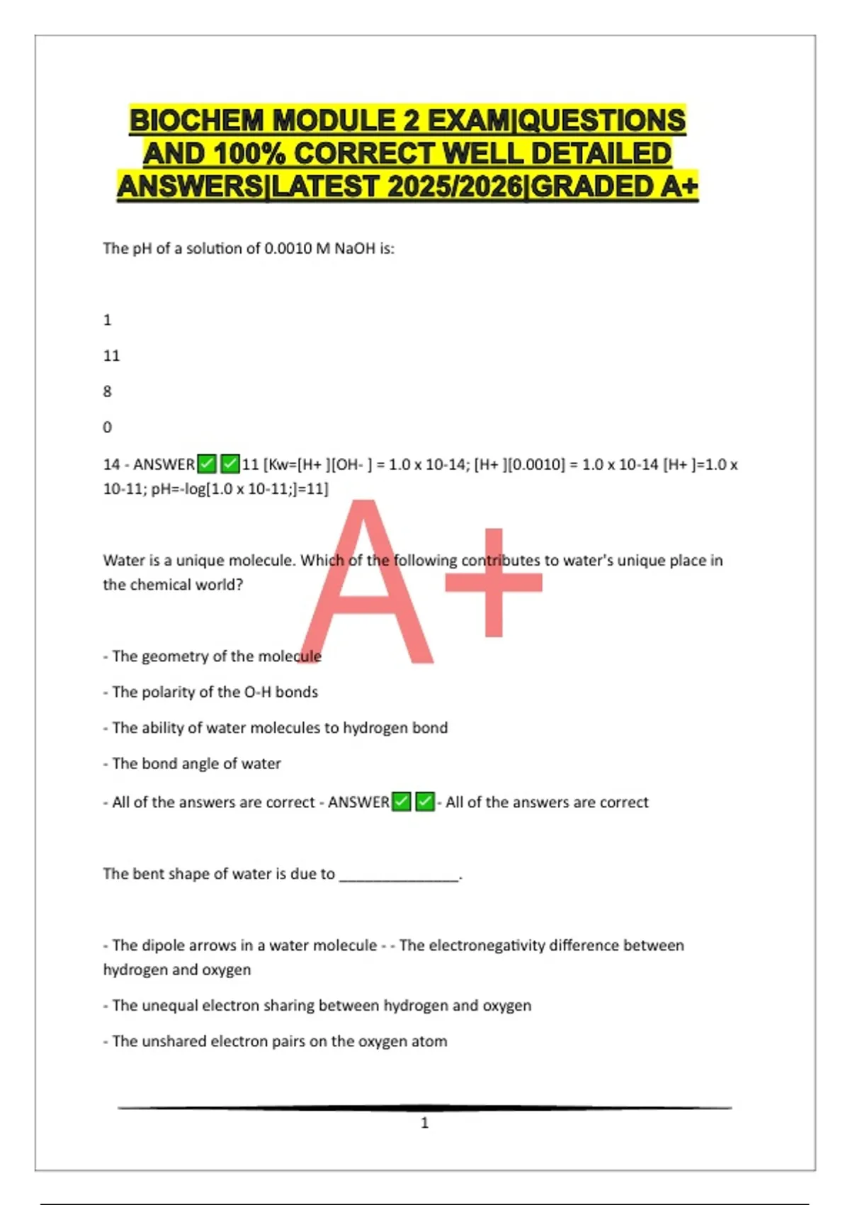 BIOCHEM MODULE 2 EXAM|QUESTIONS AND 100% CORRECT WELL DETAILED ANSWERS ...