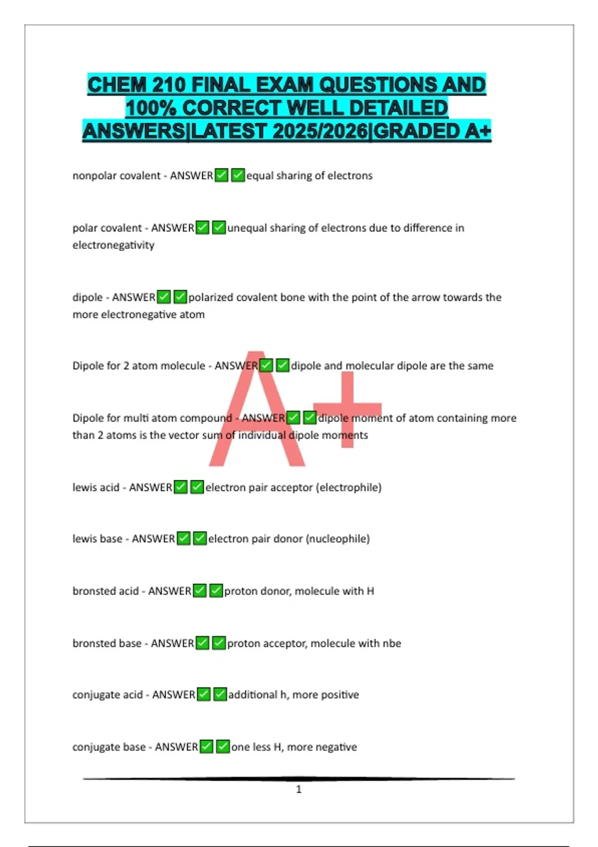 CHEM 210 FINAL EXAM QUESTIONS AND 100% CORRECT WELL DETAILED ANSWERS ...