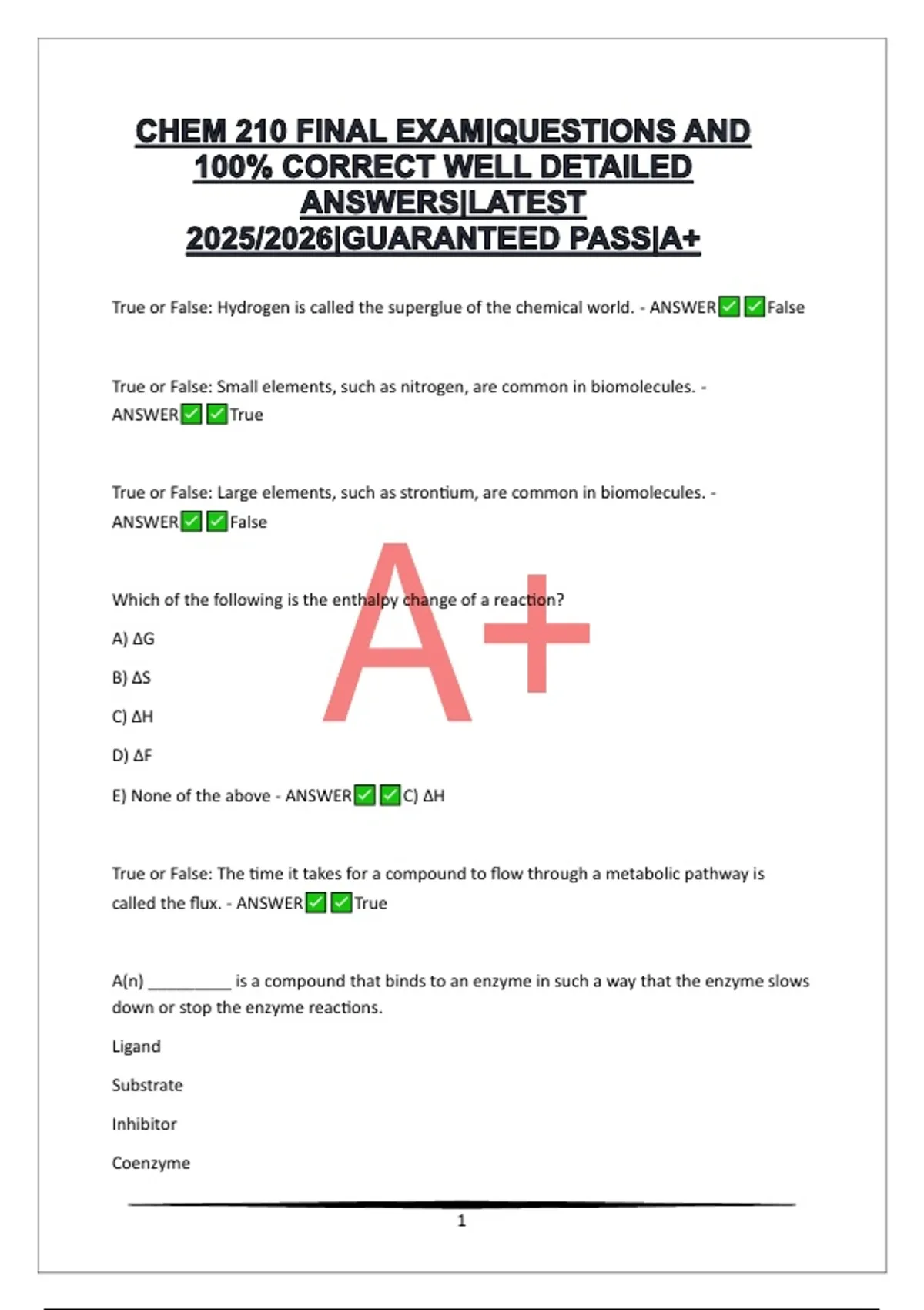CHEM 210 FINAL EXAM|QUESTIONS AND 100% CORRECT WELL DETAILED ANSWERS ...