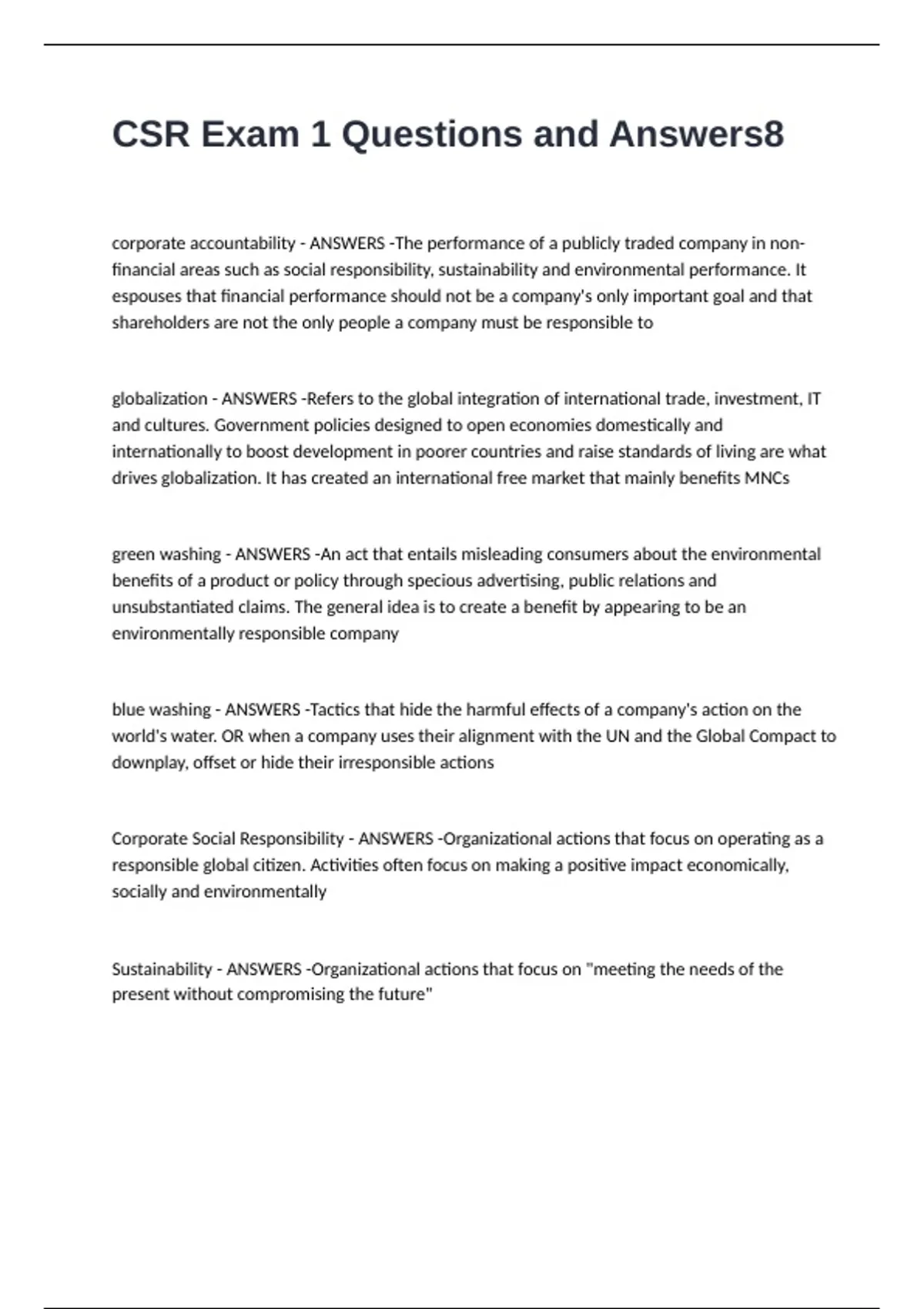 CSR Exam 1 Questions and Answers - CSR - Stuvia US