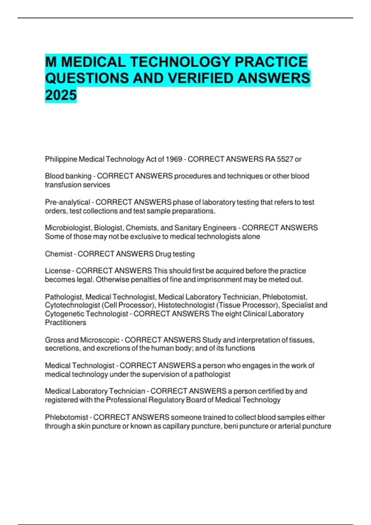 MEDICAL TECHNOLOGY EXAM BUNDLE WITH QUESTIONS AND COMPLETE SOLUTION ...