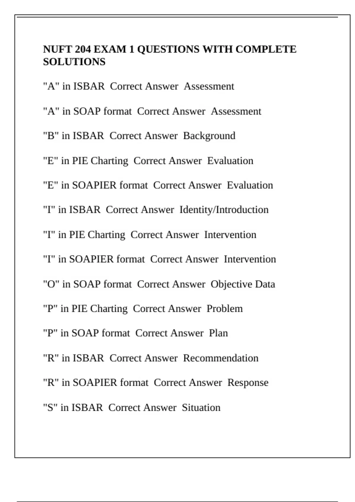 NUFT 204 EXAM 1 QUESTIONS WITH COMPLETE SOLUTIONS - NUFT 204 - Stuvia US