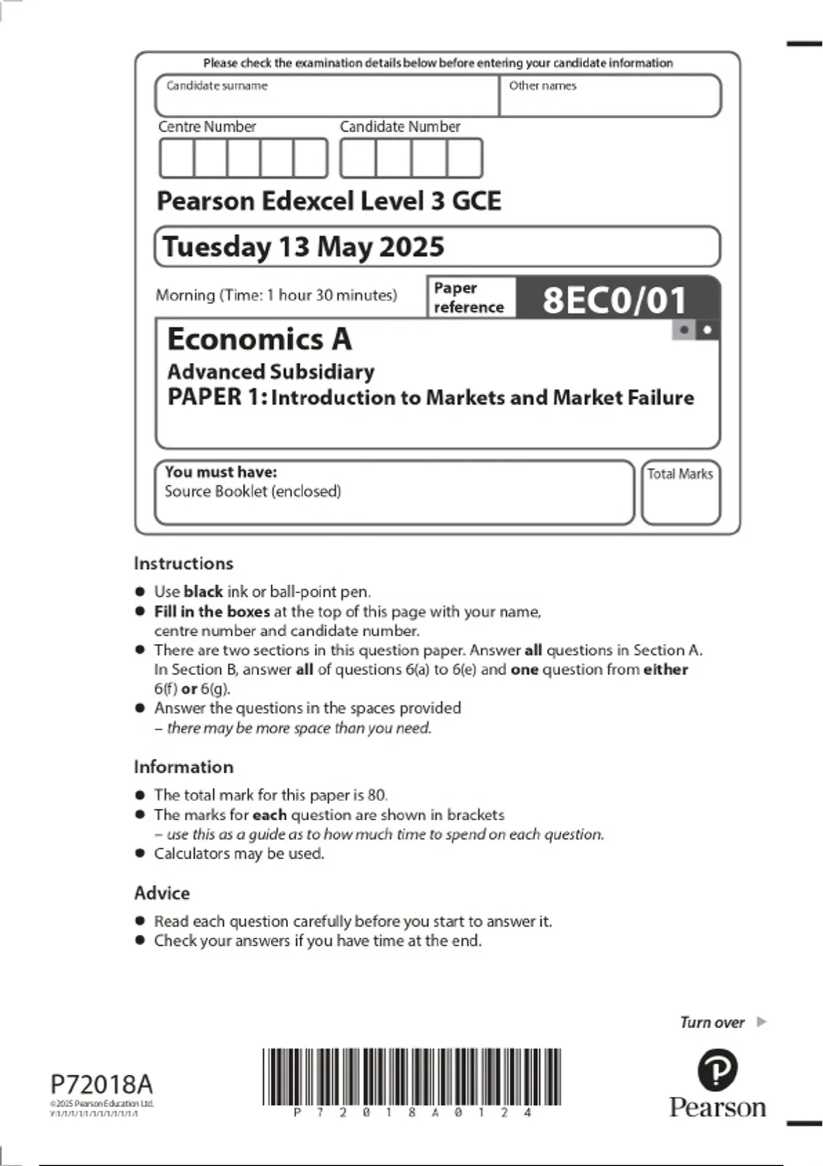 2025 Pearson Edexcel Level 3 GCE Tuesday 13 May 2025 Economics A ...