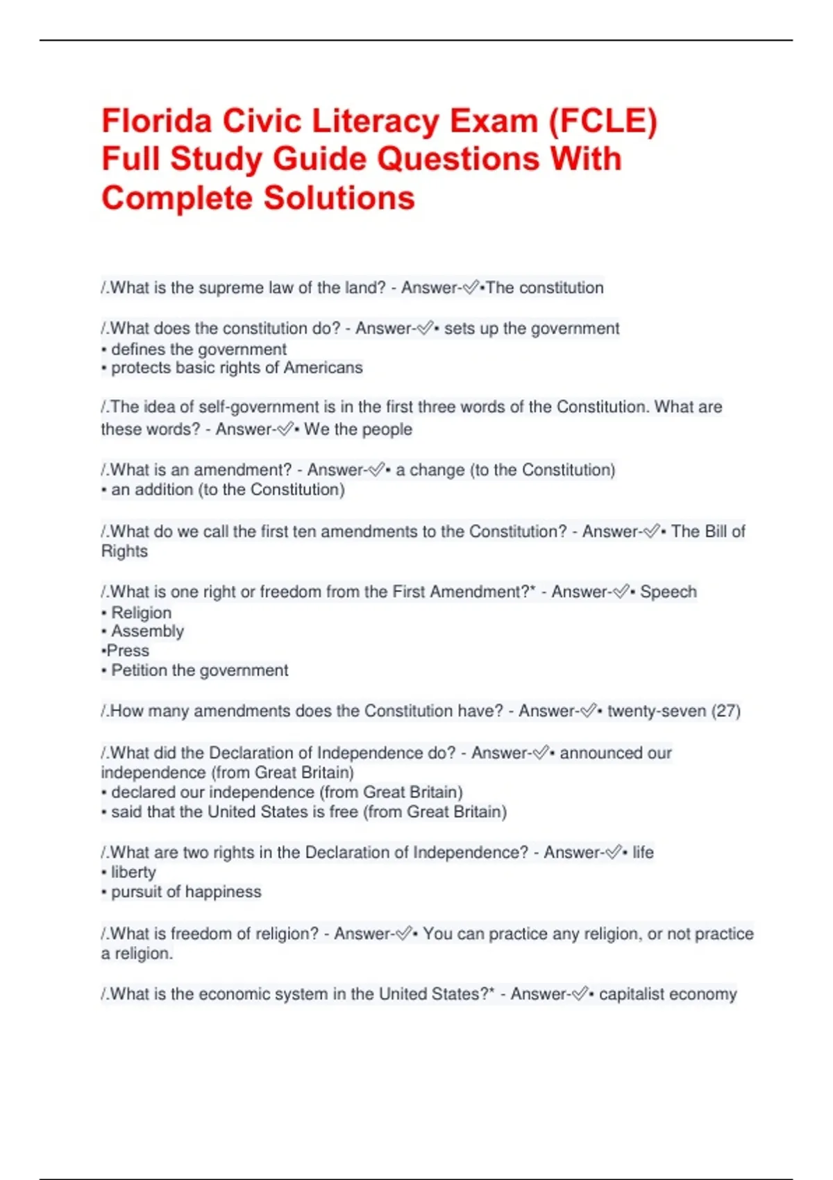 Florida Civic Literacy Exam (FCLE) Full Study Guide Questions With ...