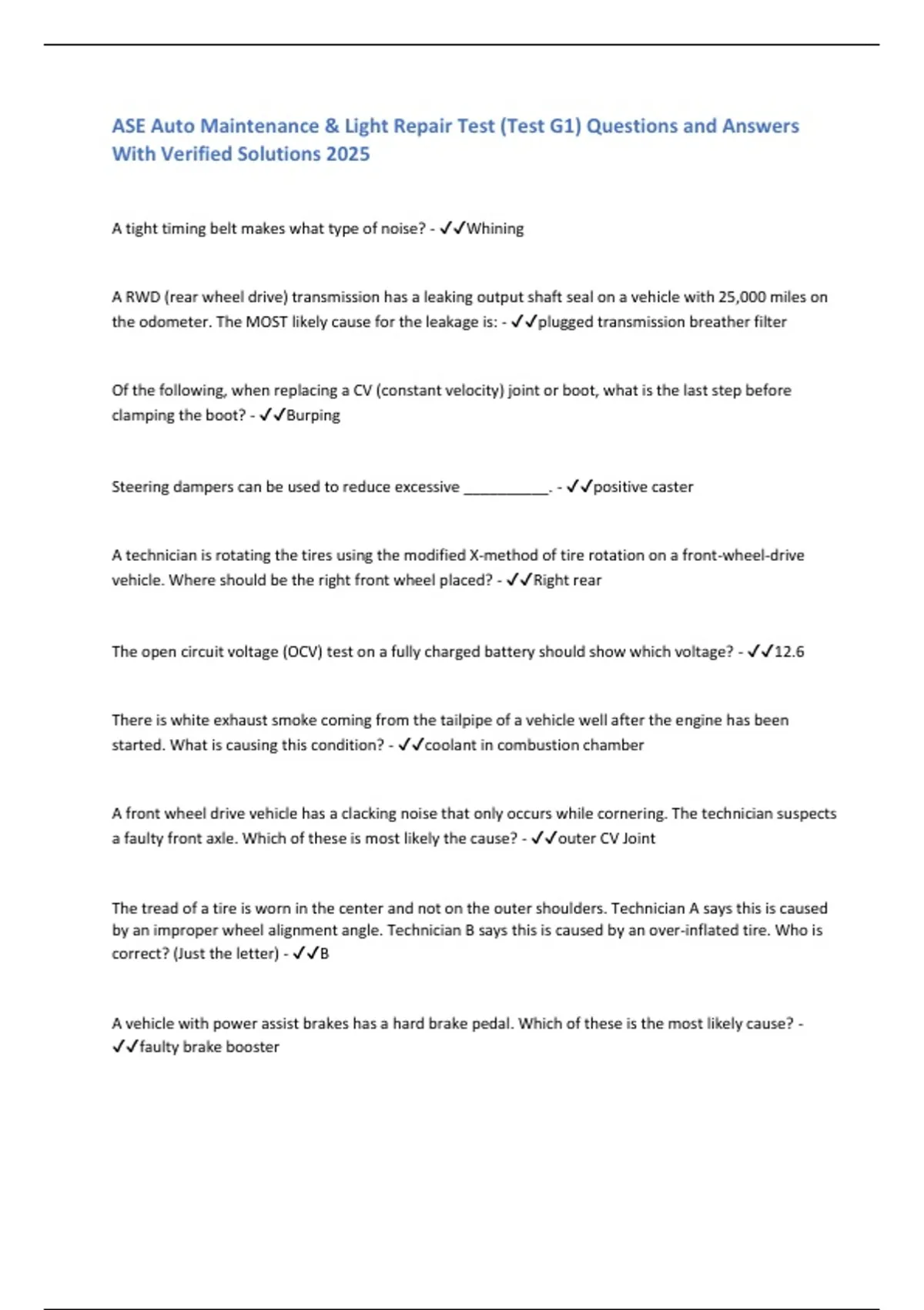ASE - Auto Maintenance and Light Repair Questions and Answers With ...