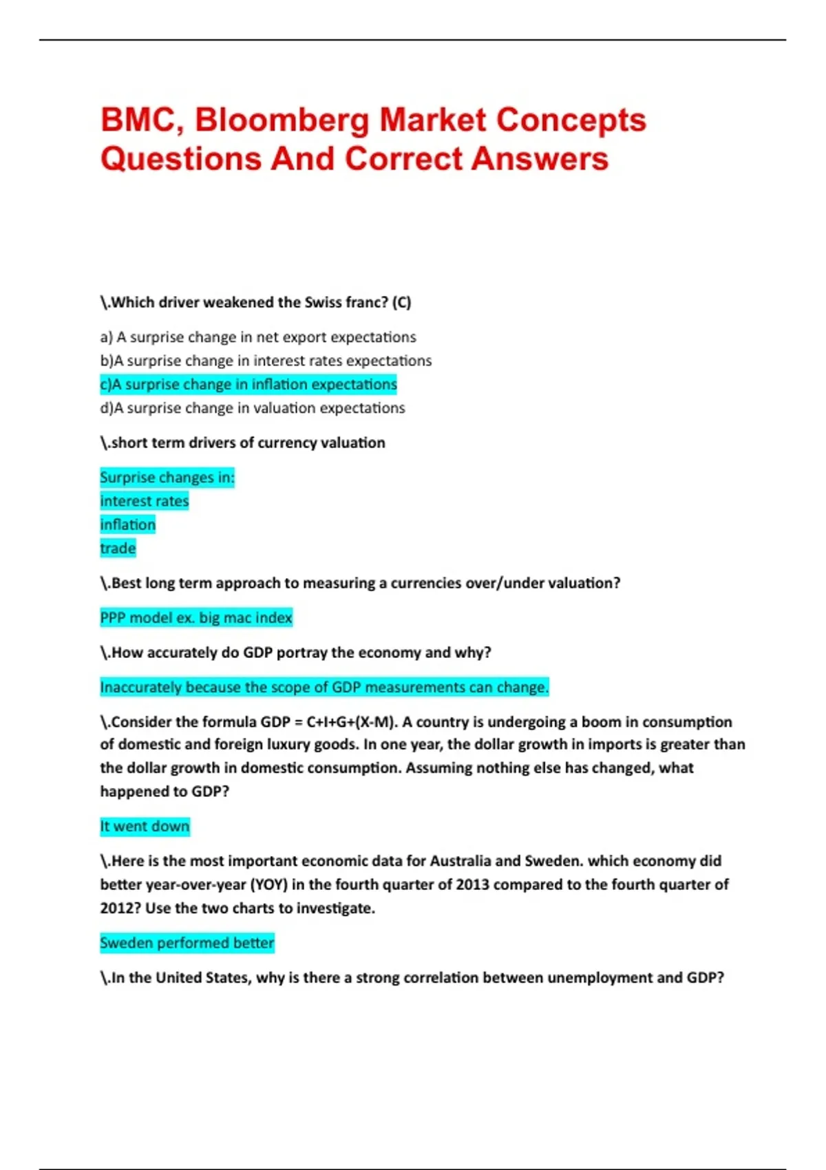 BMC, Bloomberg Market Concepts Questions And Correct Answers || 100% ...