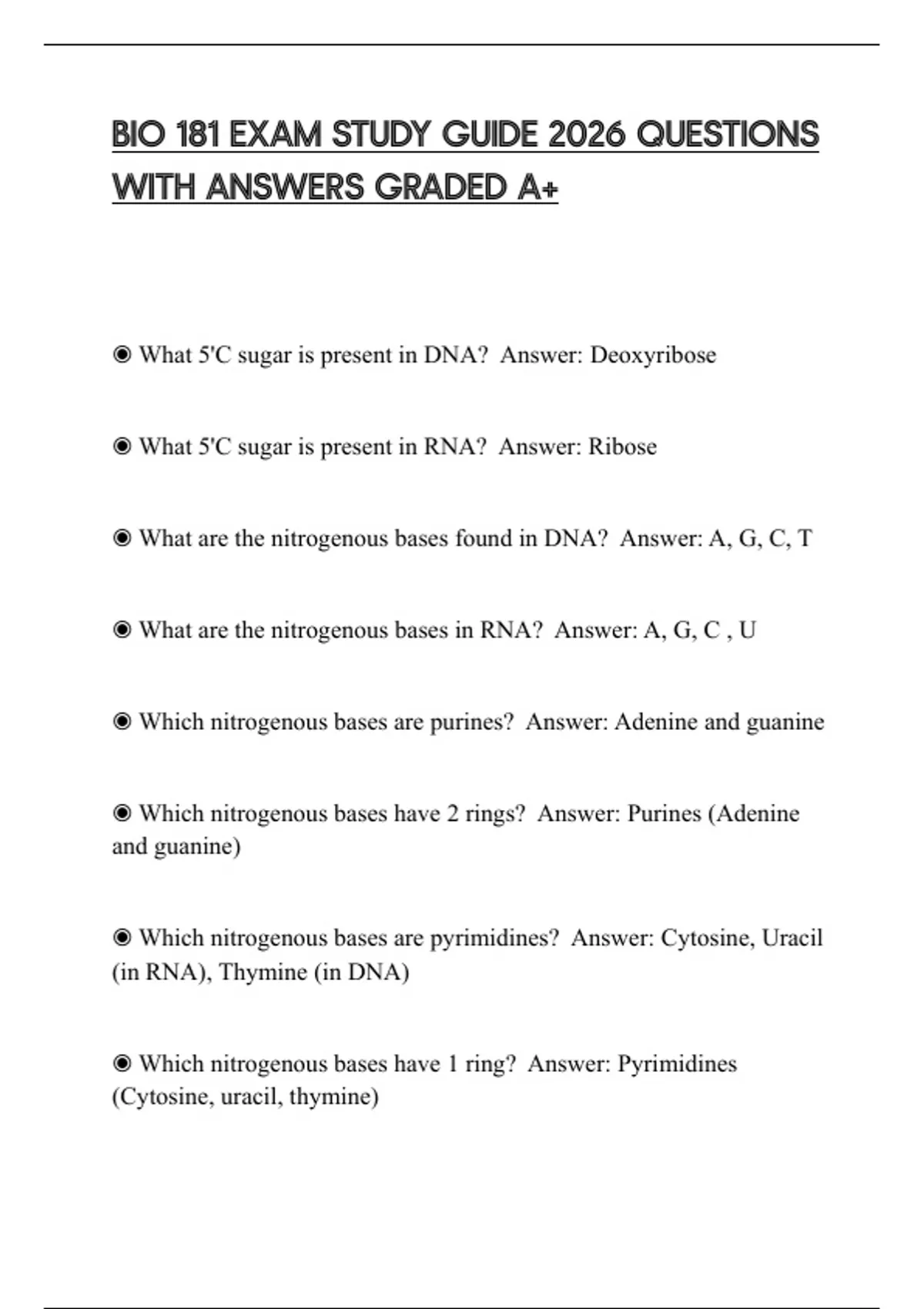 BIO 181 EXAM STUDY GUIDE 2026 QUESTIONS WITH ANSWERS GRADED A+ - BIO ...