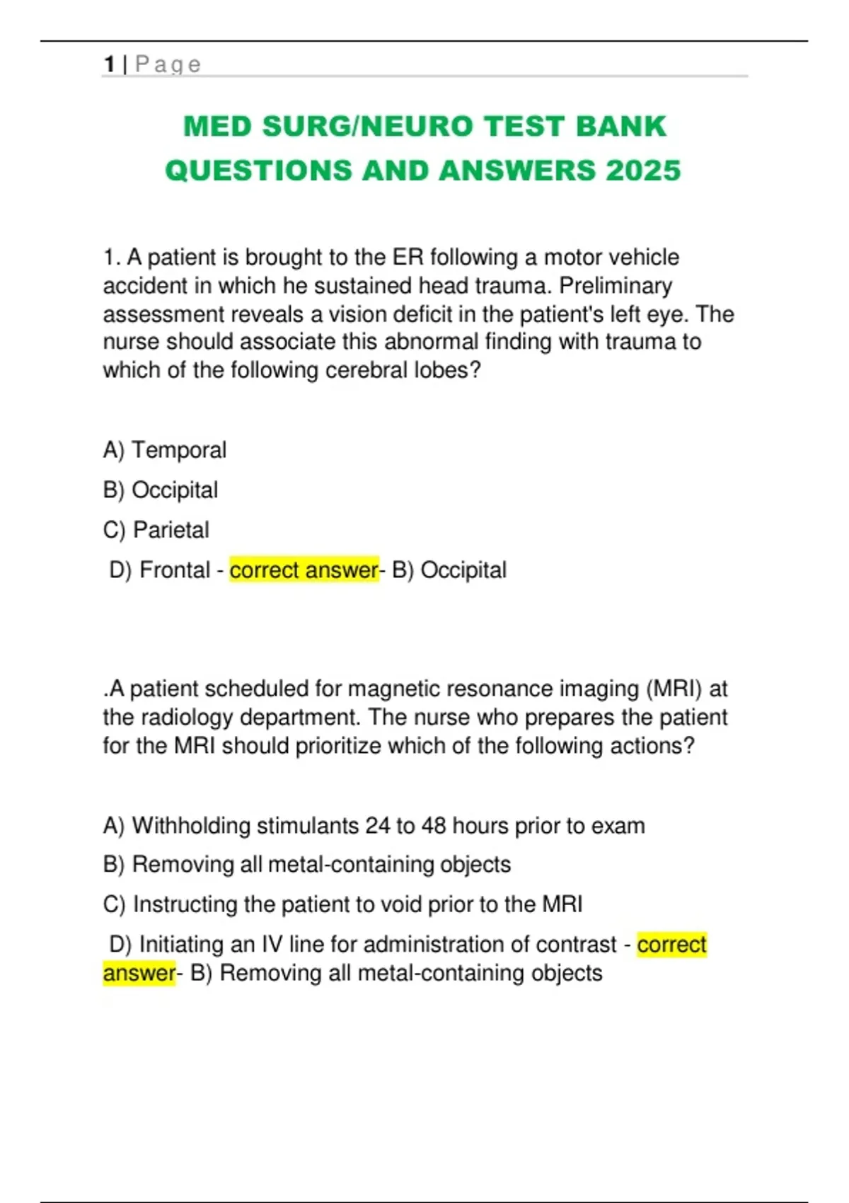 MED SURG/NEURO TEST BANK QUESTIONS AND ANSWERS 2025 - Med surg - Stuvia US