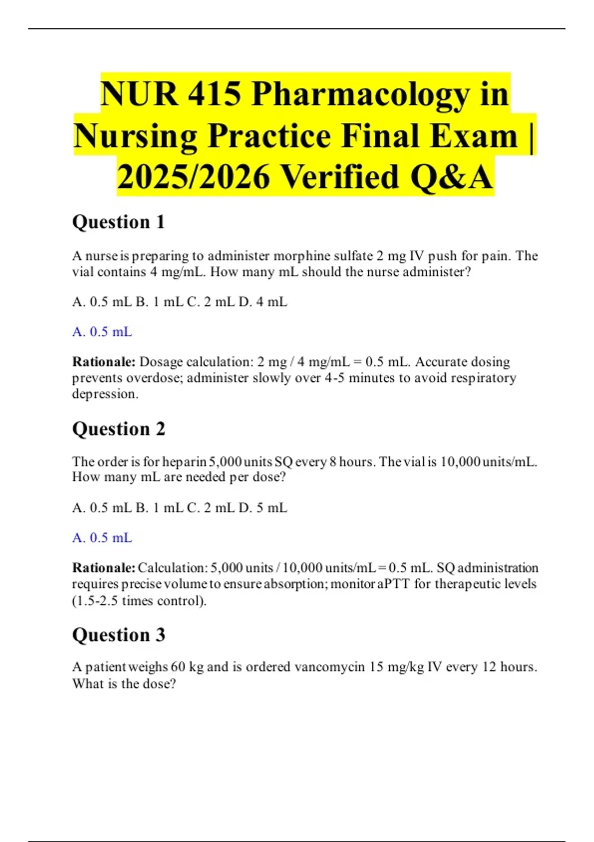 NUR 415 Pharmacology in Nursing Practice Final Exam | 2025/2026 ...
