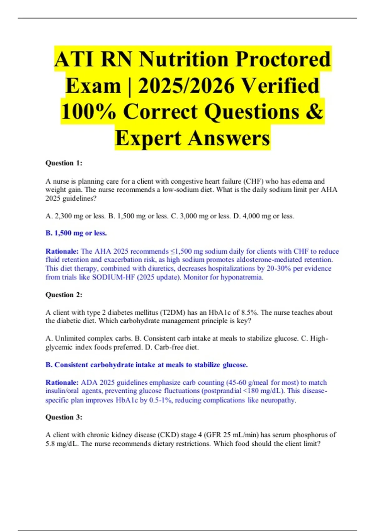 ATI RN Nutrition Proctored Exam | 2025/2026 Verified 100% Correct ...
