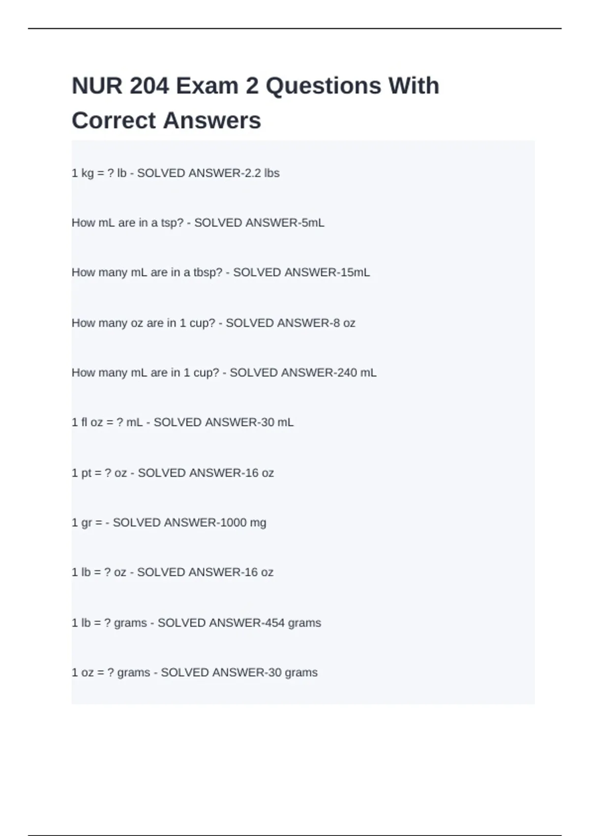 NUR 204 Exam 2 Questions With Correct Answers - NUR 204 - Stuvia US
