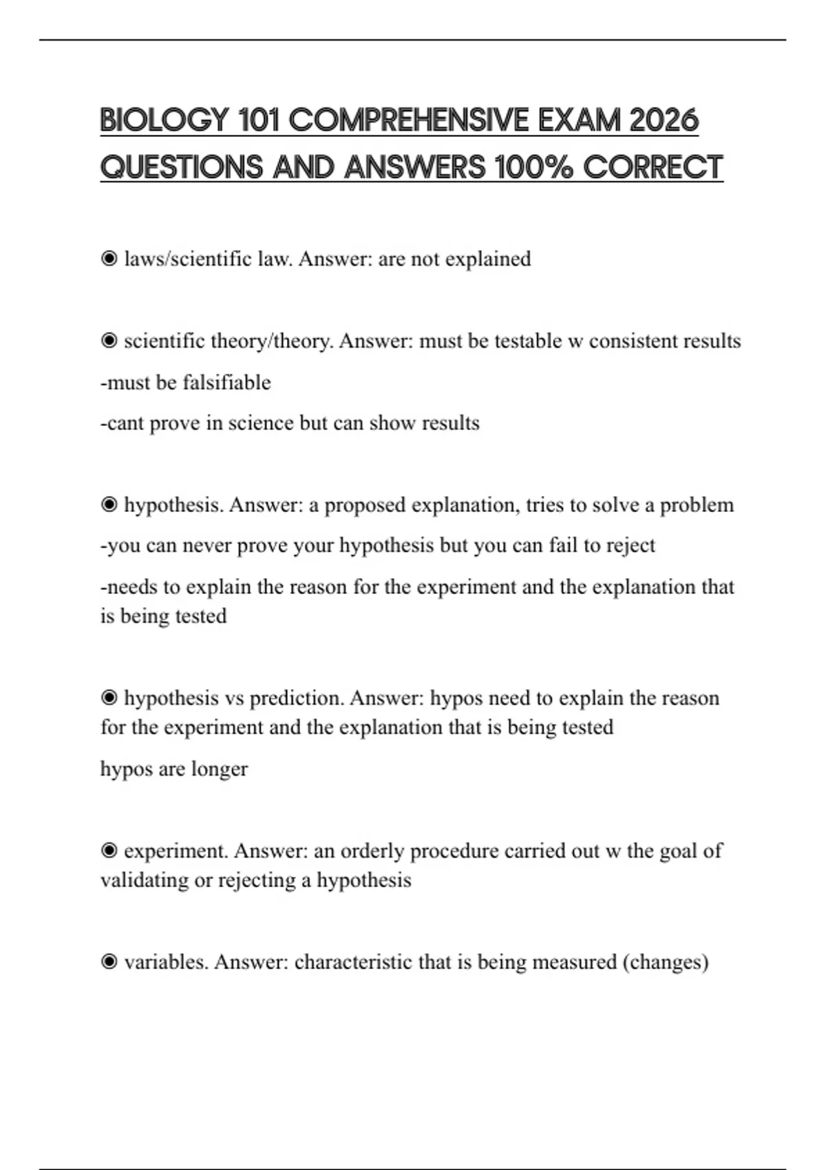 BIOLOGY 101 COMPREHENSIVE EXAM 2026 QUESTIONS AND ANSWERS 100% CORRECT ...