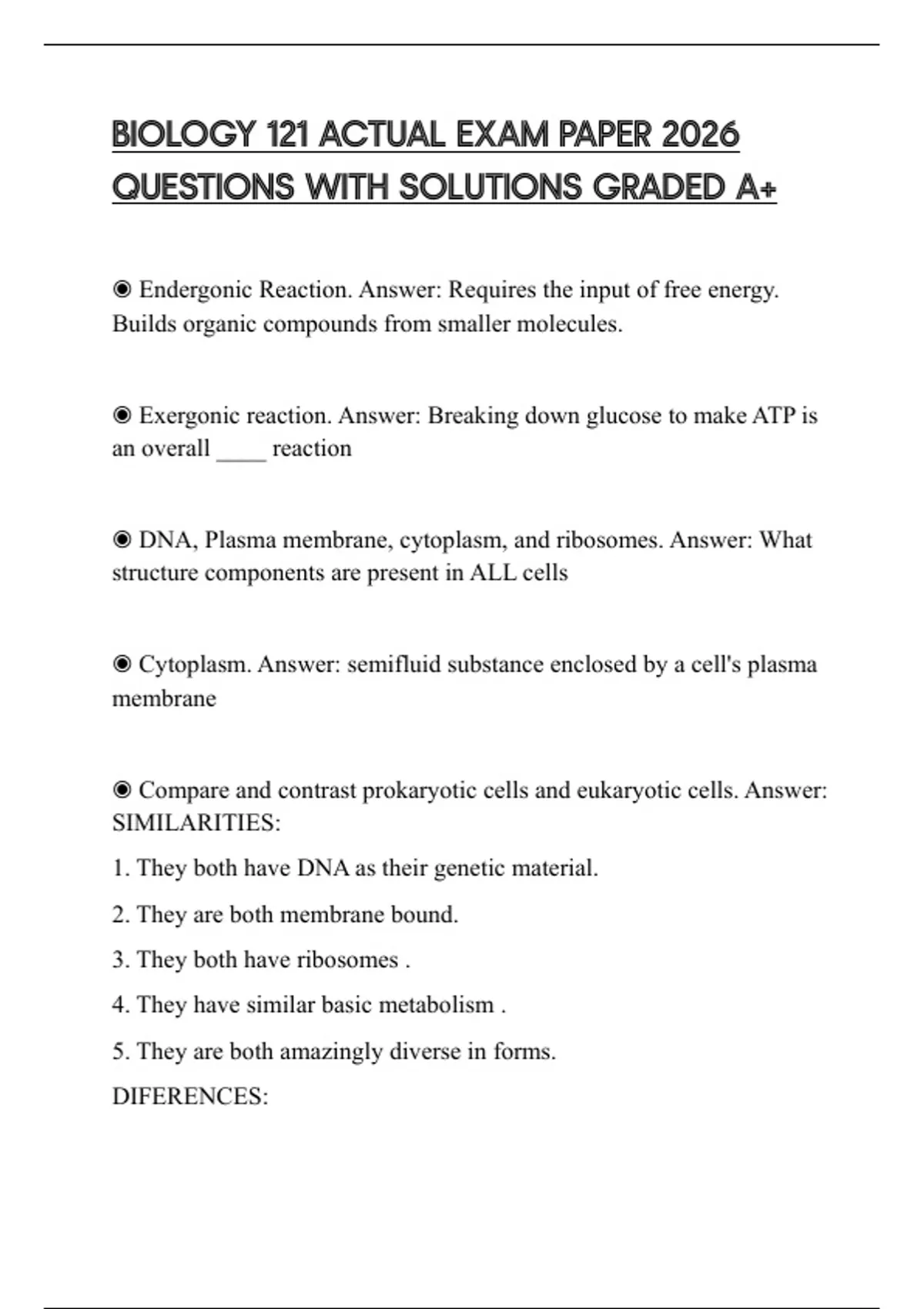 BIOLOGY 121 ACTUAL EXAM PAPER 2026 QUESTIONS WITH SOLUTIONS GRADED A+ ...