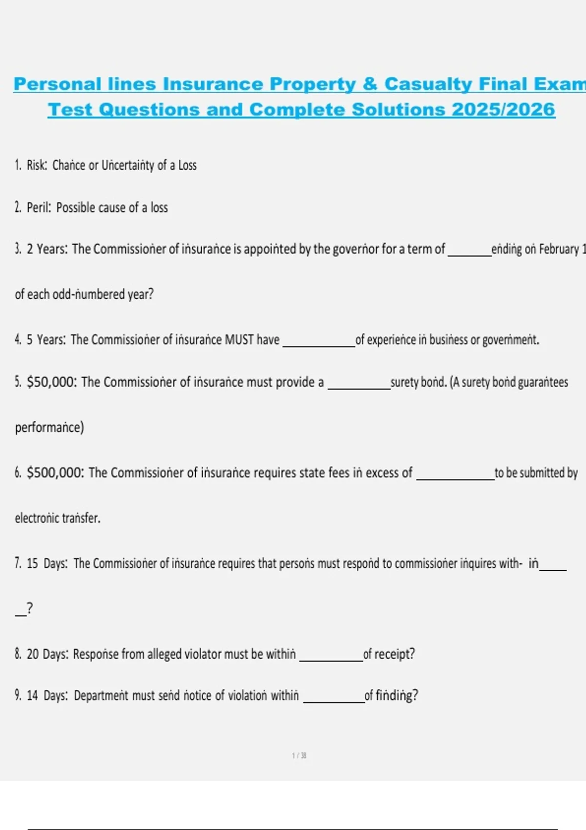 Personal Lines Insurance Property & Casualty Final Exam Test Questions and Complete Solutions ...