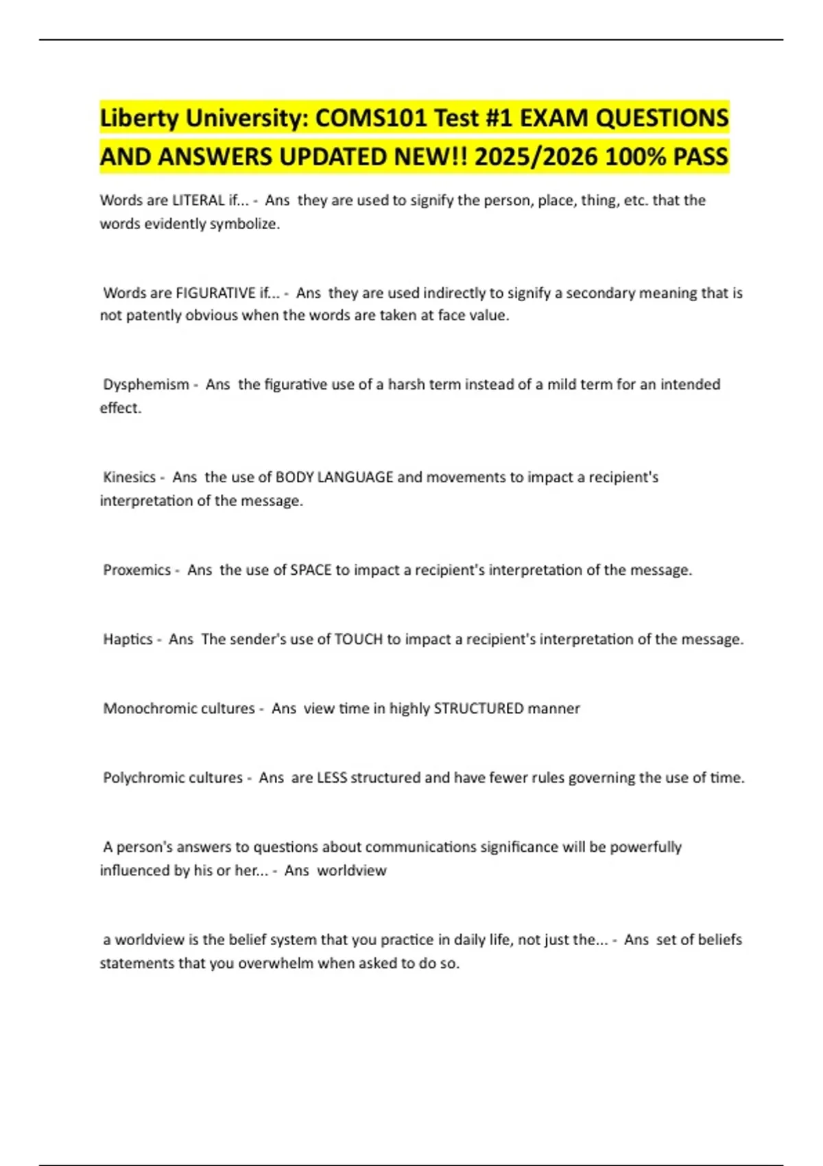 Liberty University: COMS101 Test #1 EXAM QUESTIONS AND ANSWERS UPDATED ...