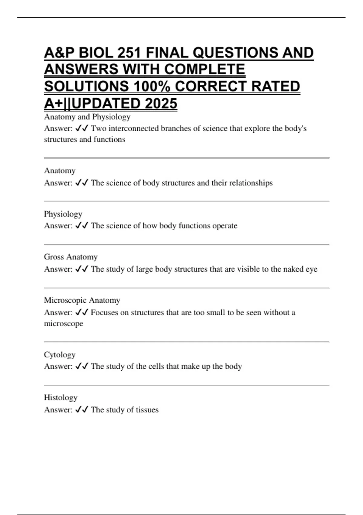 A&P BIOL 251 FINAL QUESTIONS AND ANSWERS WITH COMPLETE SOLUTIONS 100% ...