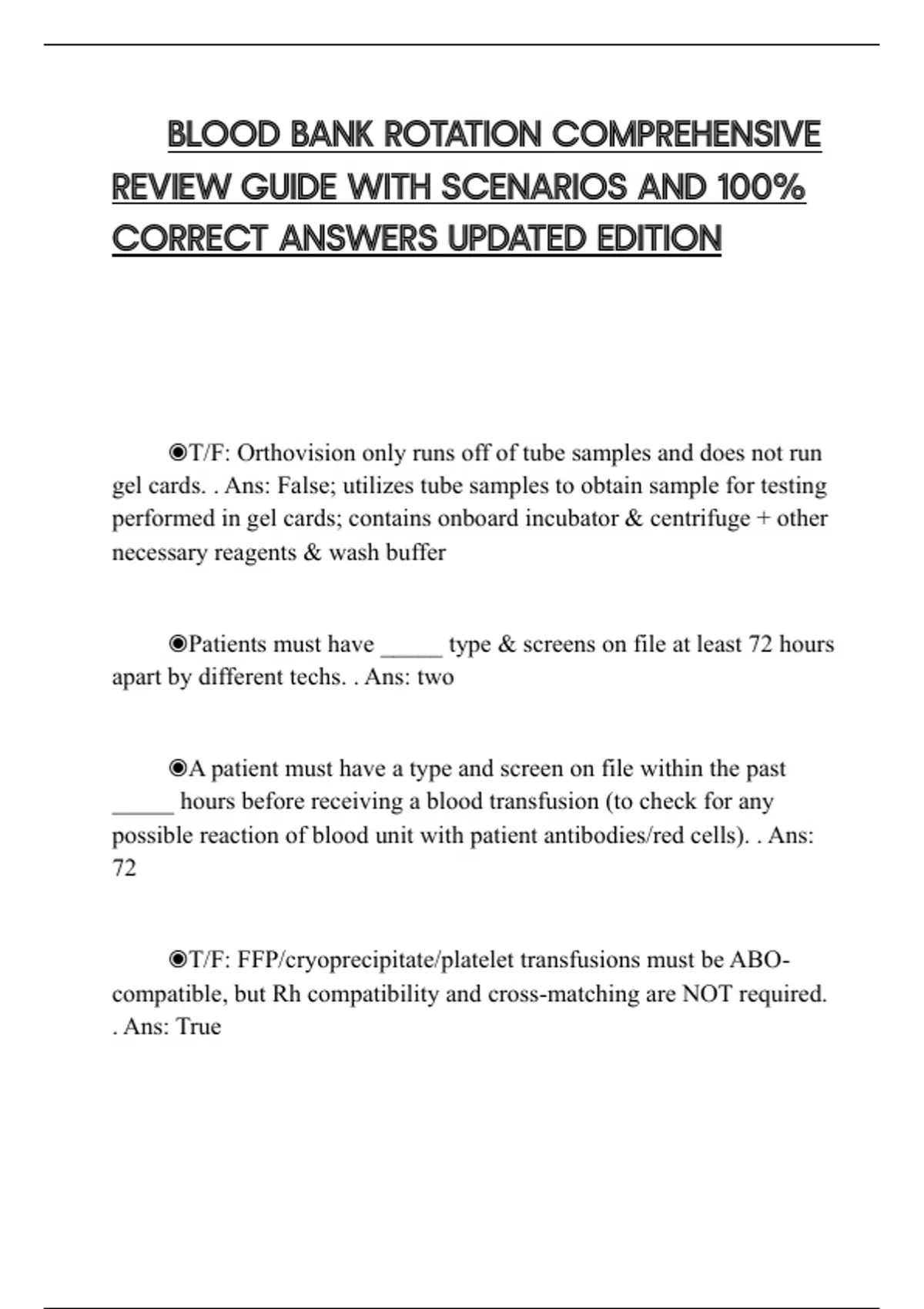 BLOOD BANK ROTATION COMPREHENSIVE REVIEW GUIDE WITH SCENARIOS AND 100% ...