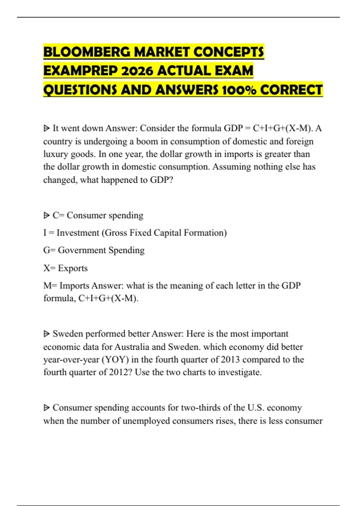 BLOOMBERG MARKET CONCEPTS EXAMPREP 2026 ACTUAL EXAM QUESTIONS AND ...
