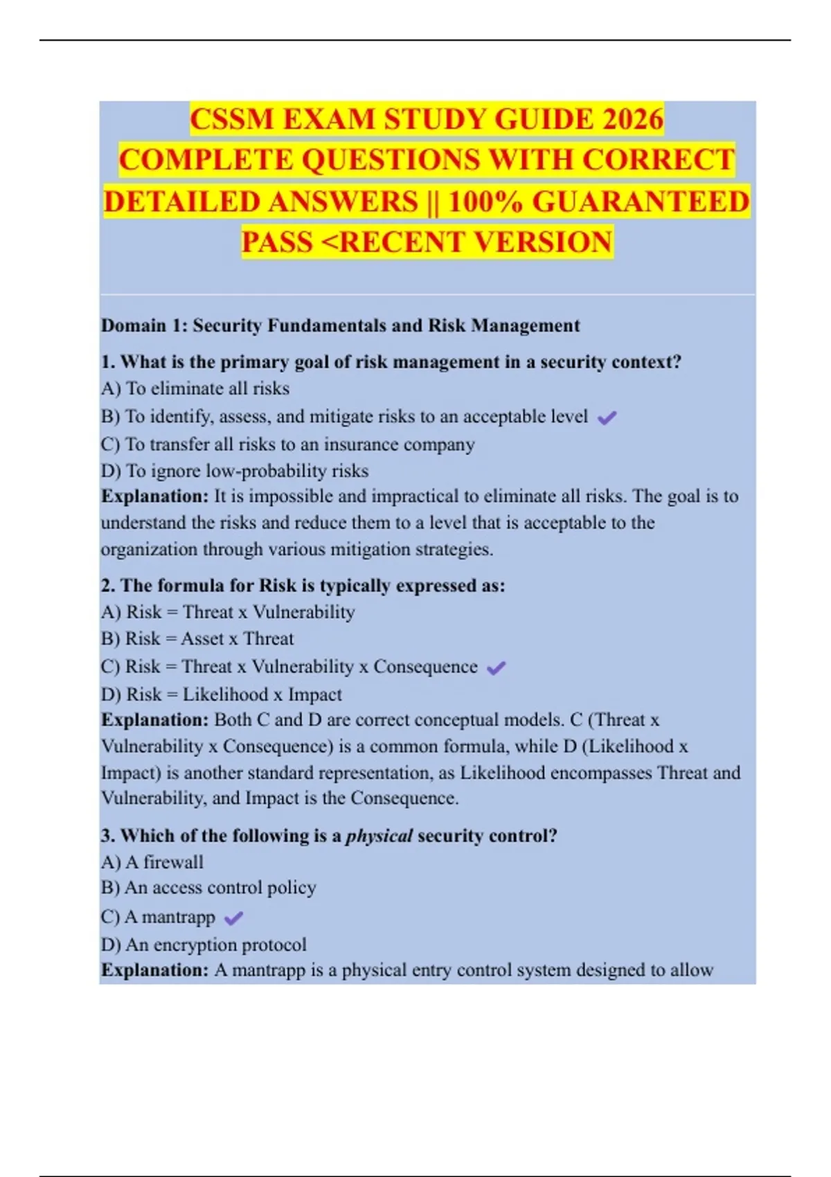 CSSM EXAM STUDY GUIDE 2026 COMPLETE QUESTIONS WITH CORRECT DETAILED ANSWERS || 100% GUARANTEED ...
