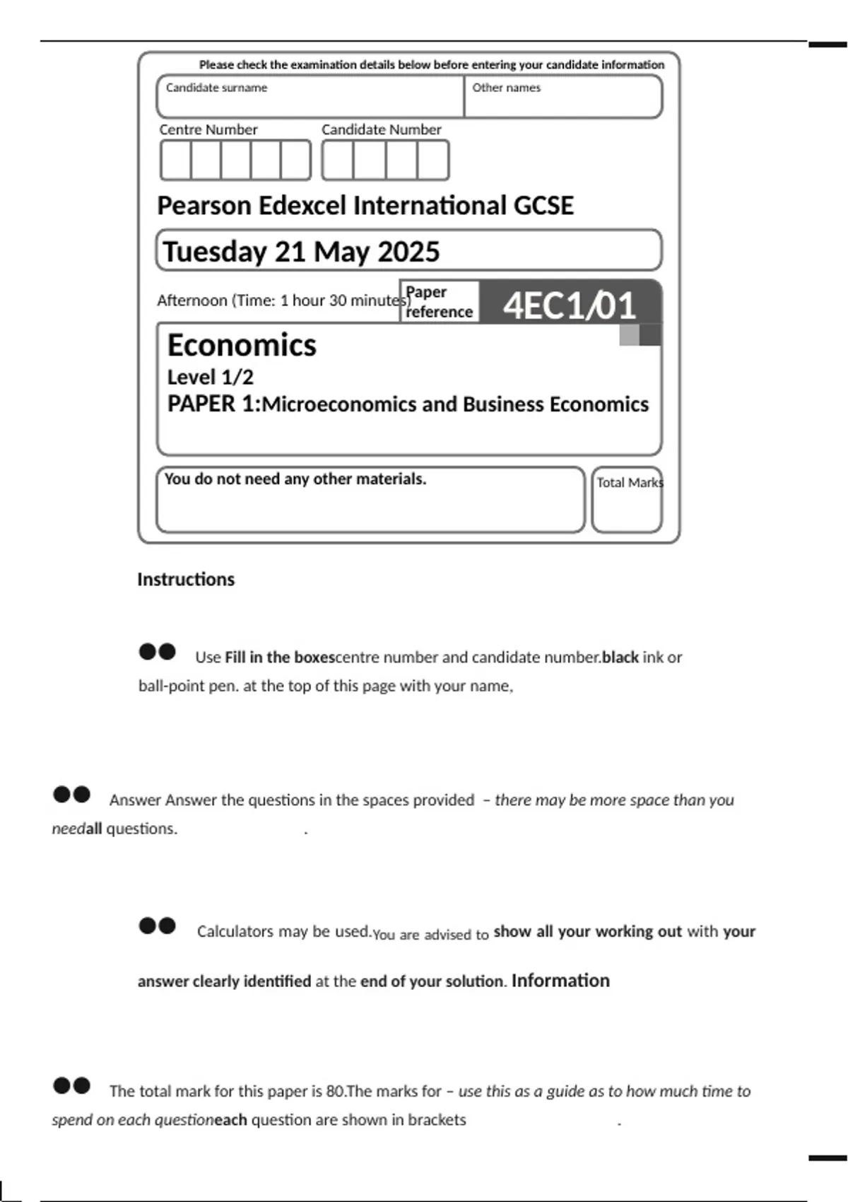 Pearson Edexcel Economics 4EC1/01 May 2025 Paper & Mark Scheme (IGCSE ...