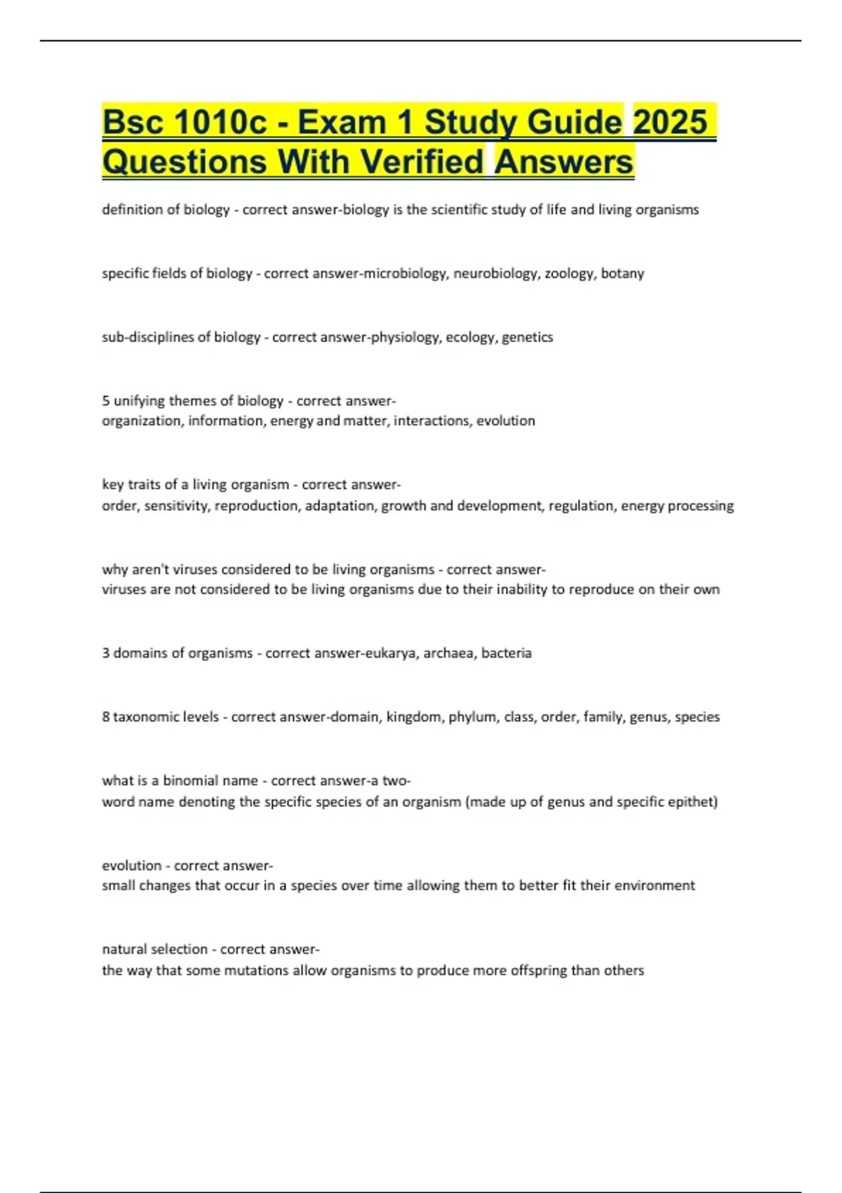 Bsc 1010c - Exam 1 Study Guide 2025 Questions With Verified Answers ...