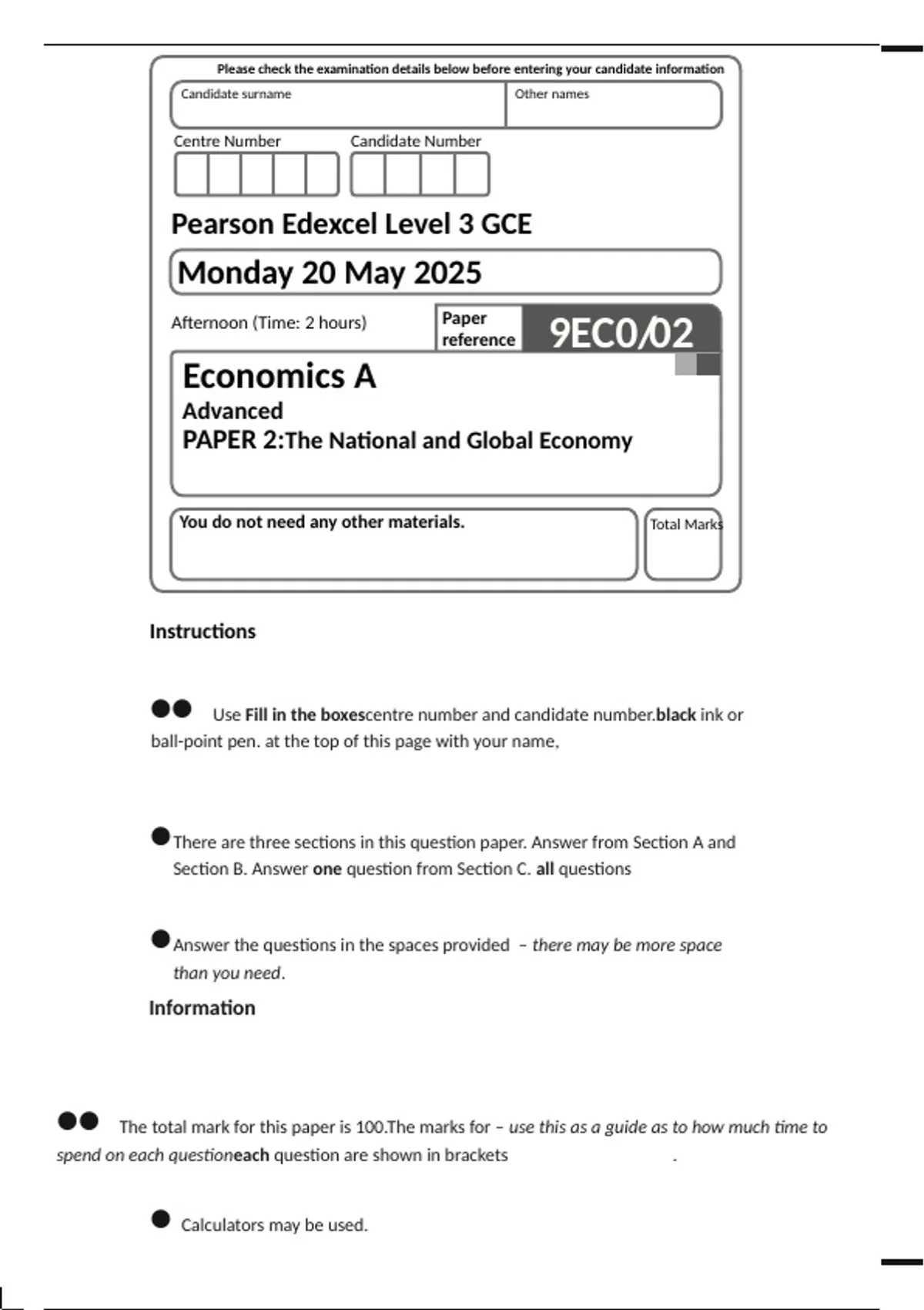 Pearson Edexcel Economics 9EC0/02 May 2025 Paper & Mark Scheme (A Level ...