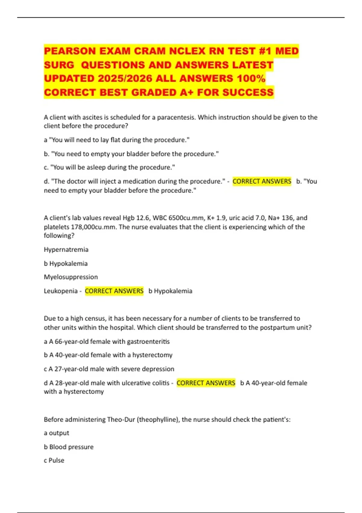 Pearson Exam Cram NCLEX-RN Test #1 | Medical-Surgical Nursing Practice Questions and Answers ...