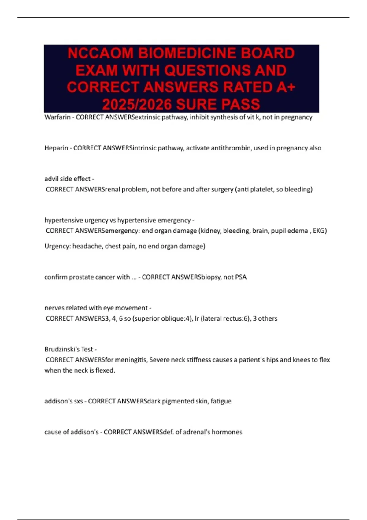 NCCAOM BIOMEDICINE BOARD EXAM WITH QUESTIONS AND CORRECT ANSWERS RATED ...