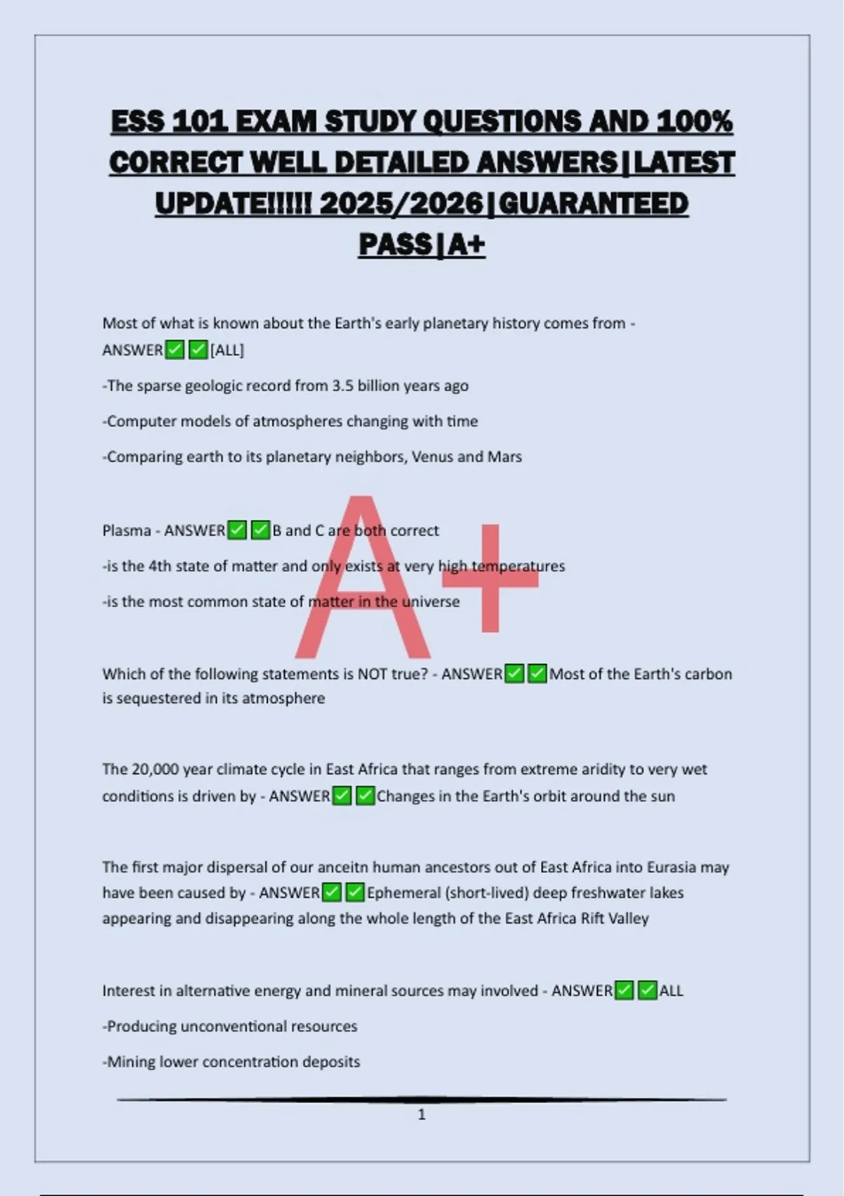 ESS 101 EXAM STUDY QUESTIONS AND 100% CORRECT WELL DETAILED ANSWERS ...
