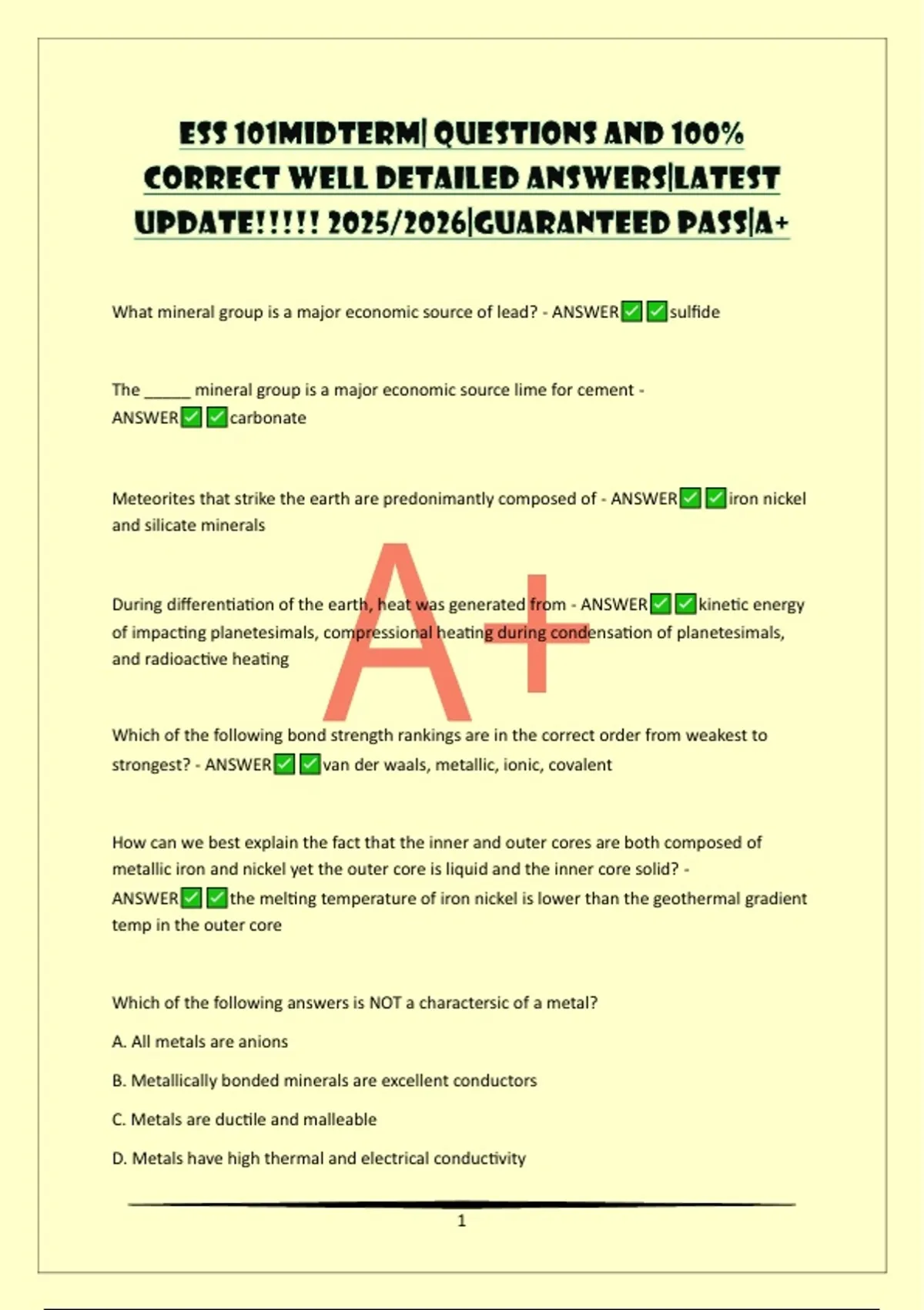 ESS 101MIDTERM| QUESTIONS AND 100% CORRECT WELL DETAILED ANSWERS|LATEST ...