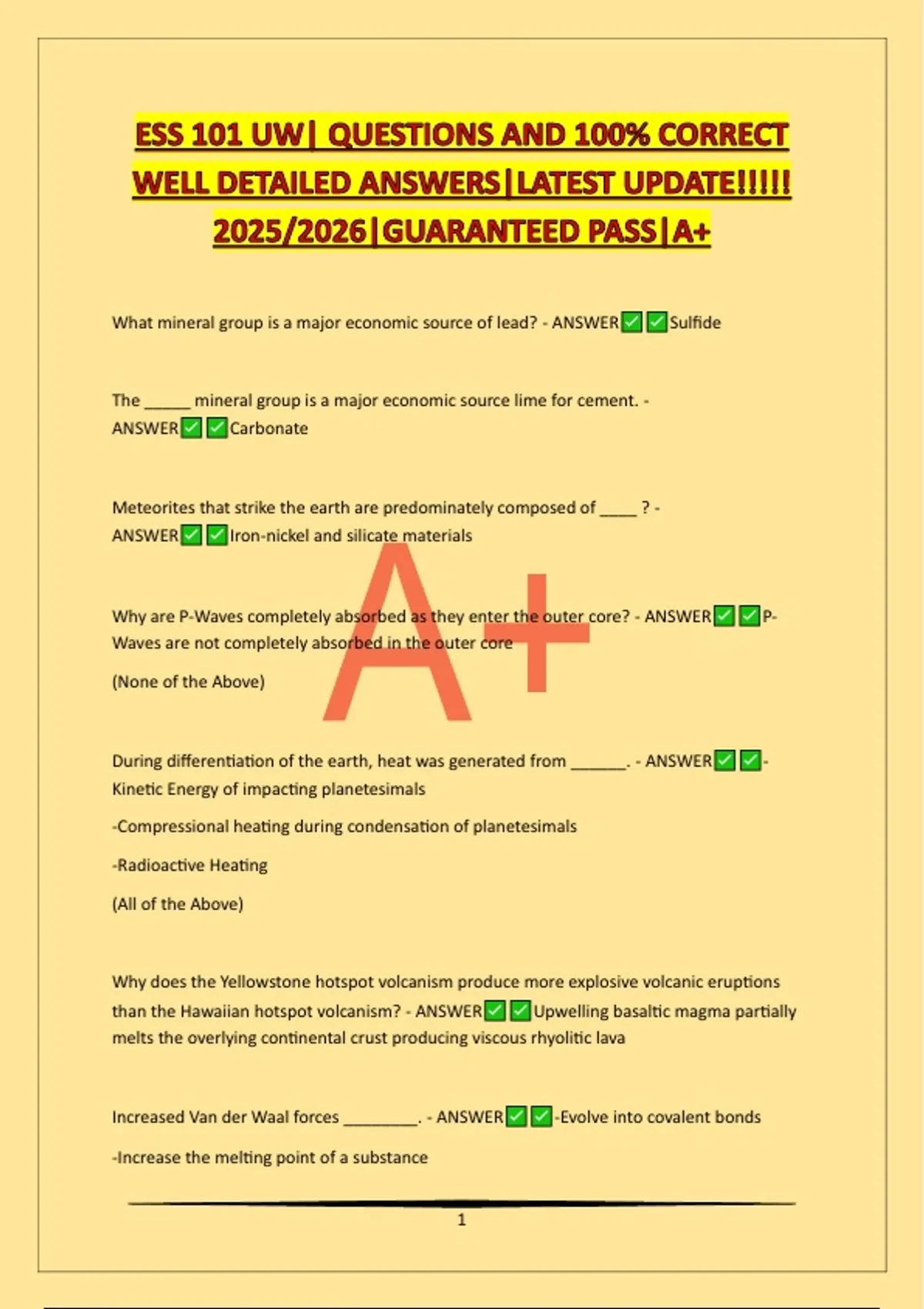 ESS 101 UW| QUESTIONS AND 100% CORRECT WELL DETAILED ANSWERS|LATEST ...
