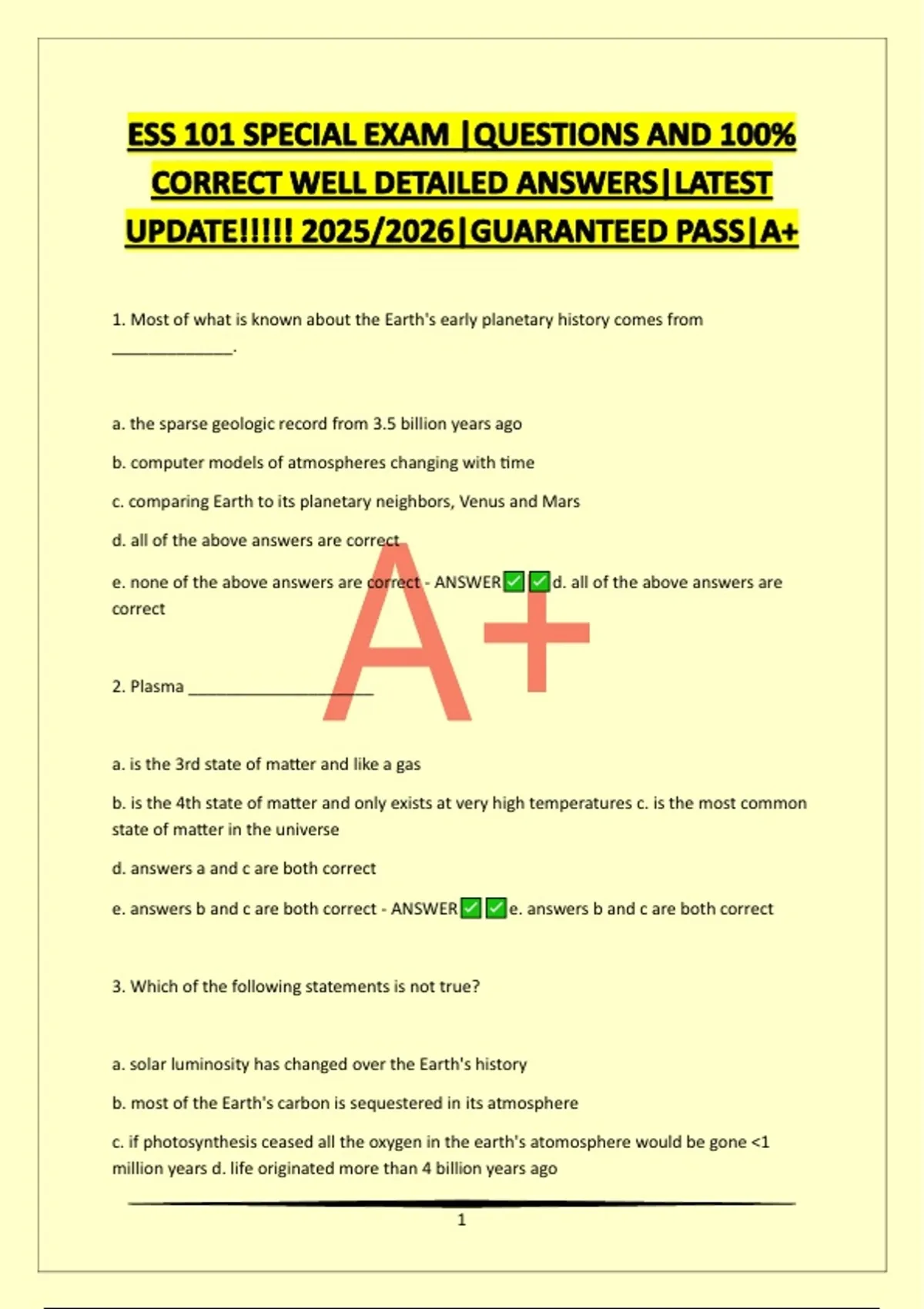 ESS 101 SPECIAL EXAM |QUESTIONS AND 100% CORRECT WELL DETAILED ANSWERS ...
