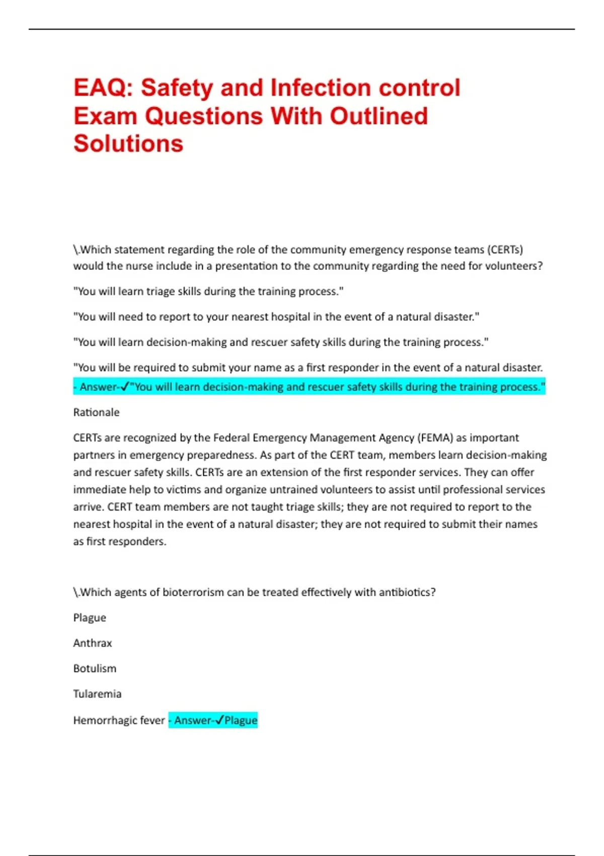 EAQ: Safety and Infection control Exam Questions With Outlined ...