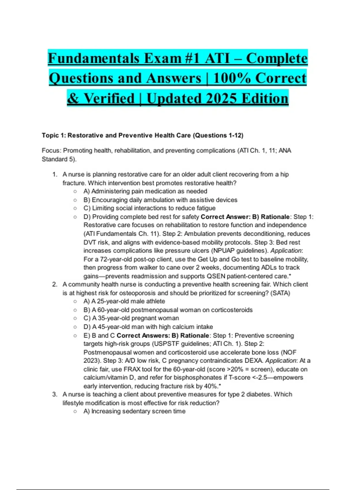 Fundamentals Exam #1 ATI – Complete Questions and Answers | 100% ...