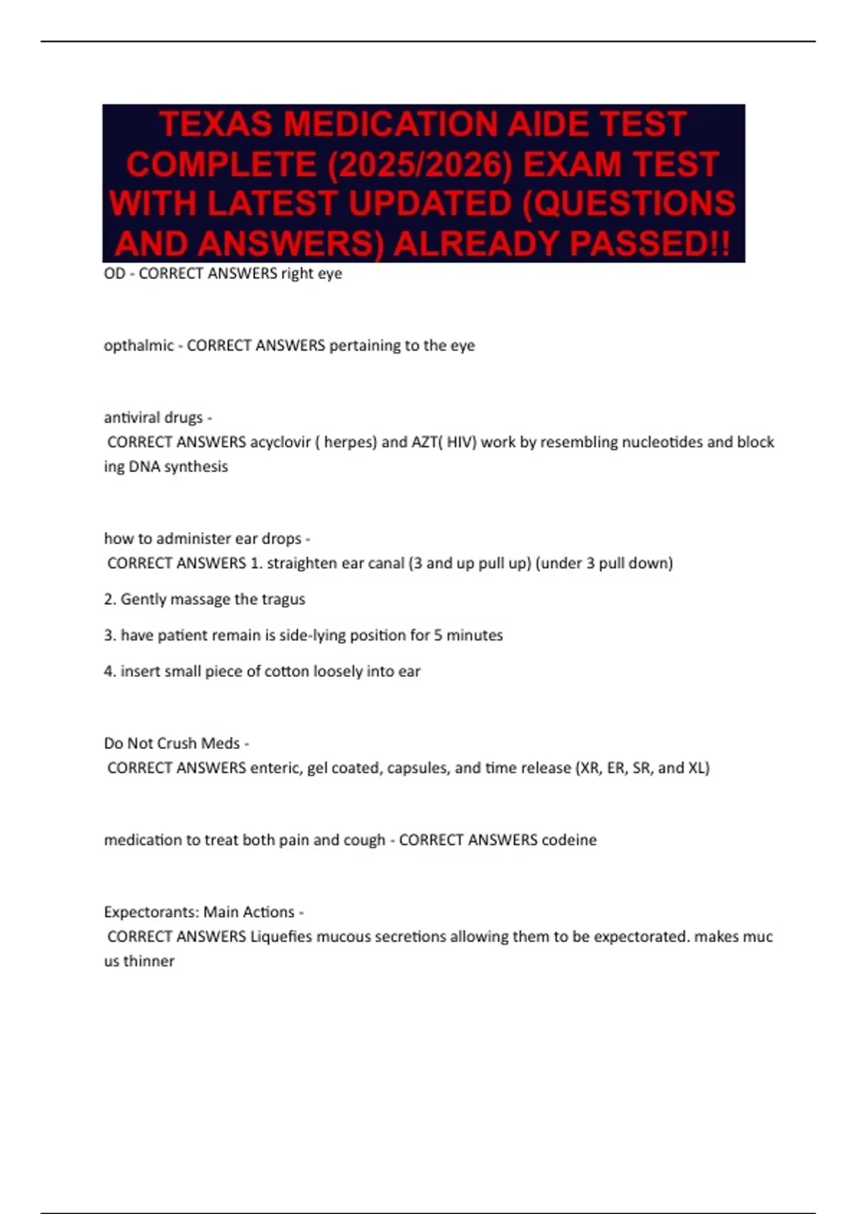 TEXAS MEDICATION AIDE TEST COMPLETE (2025/2026) EXAM TEST WITH LATEST ...