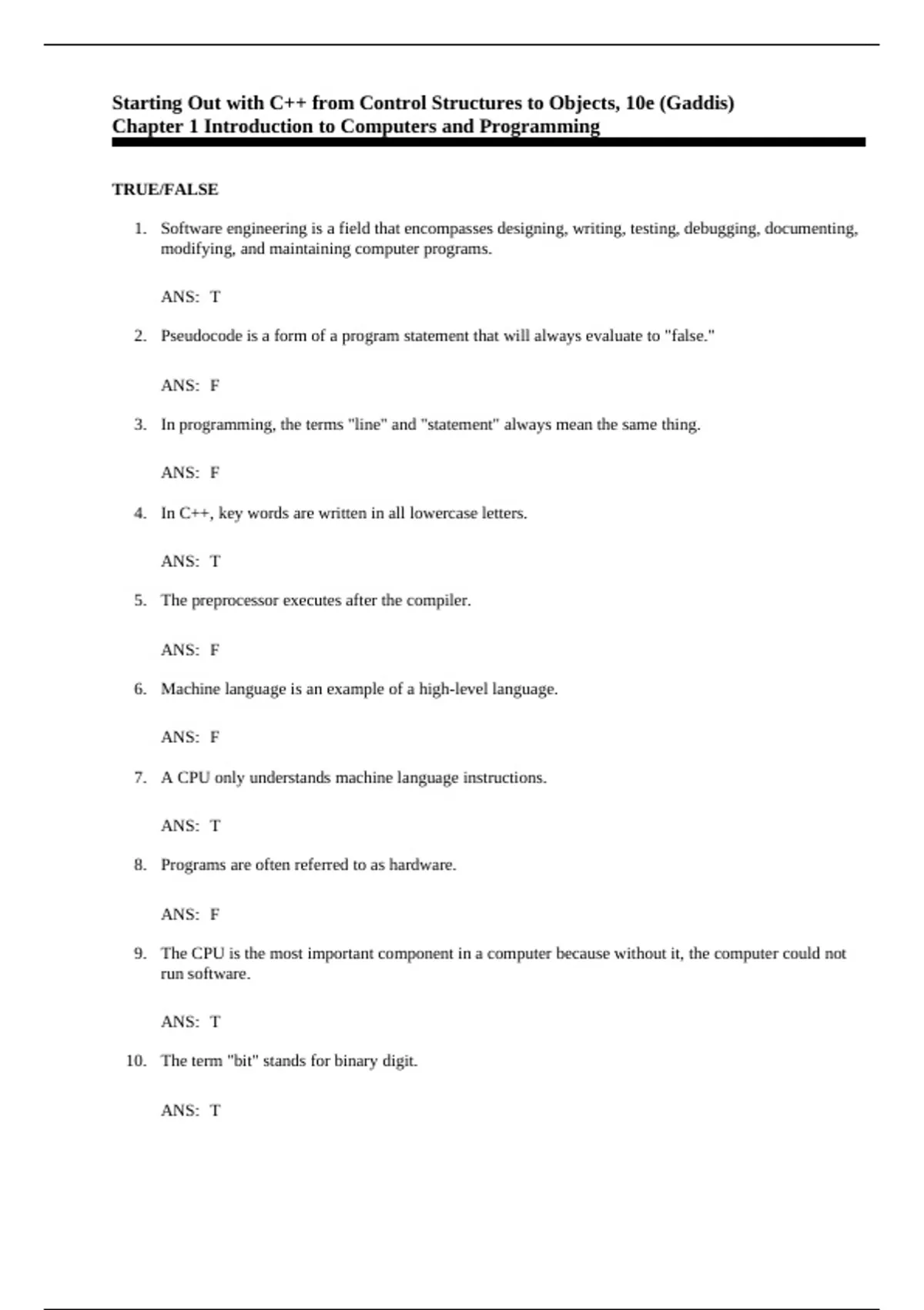 test bank, practice questions: Starting Out with C++ from Control ...