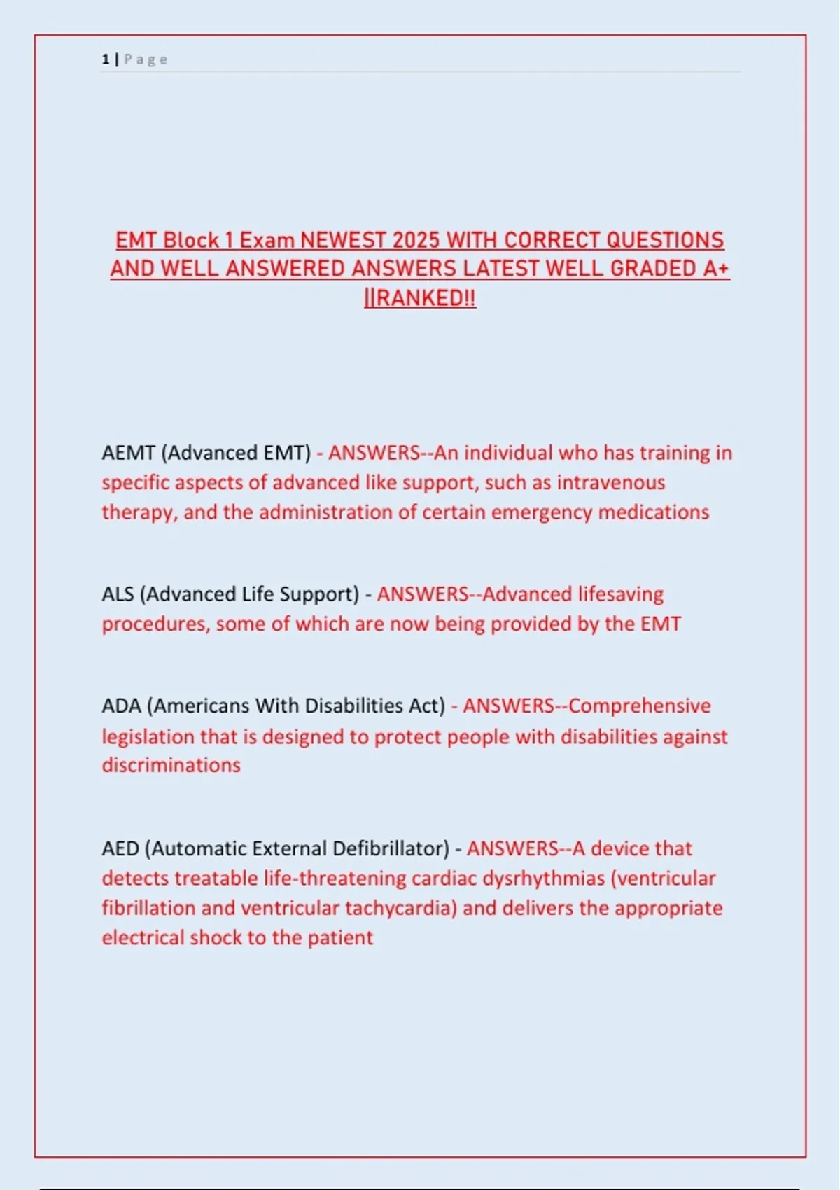 EMT Block 1 Exam NEWEST 2025 WITH CORRECT QUESTIONS AND WELL ANSWERED ...