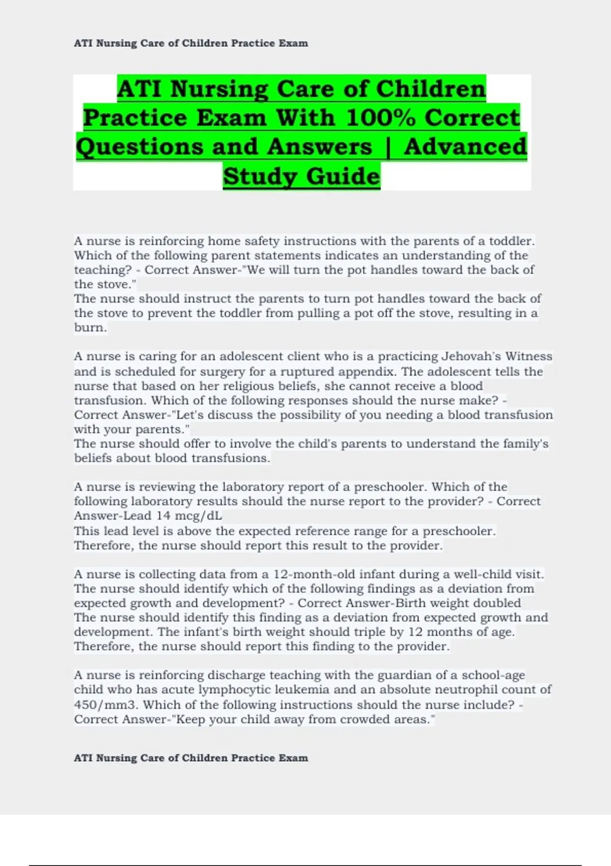 ATI Nursing Care of Children Practice Exam With 100% Correct Questions ...